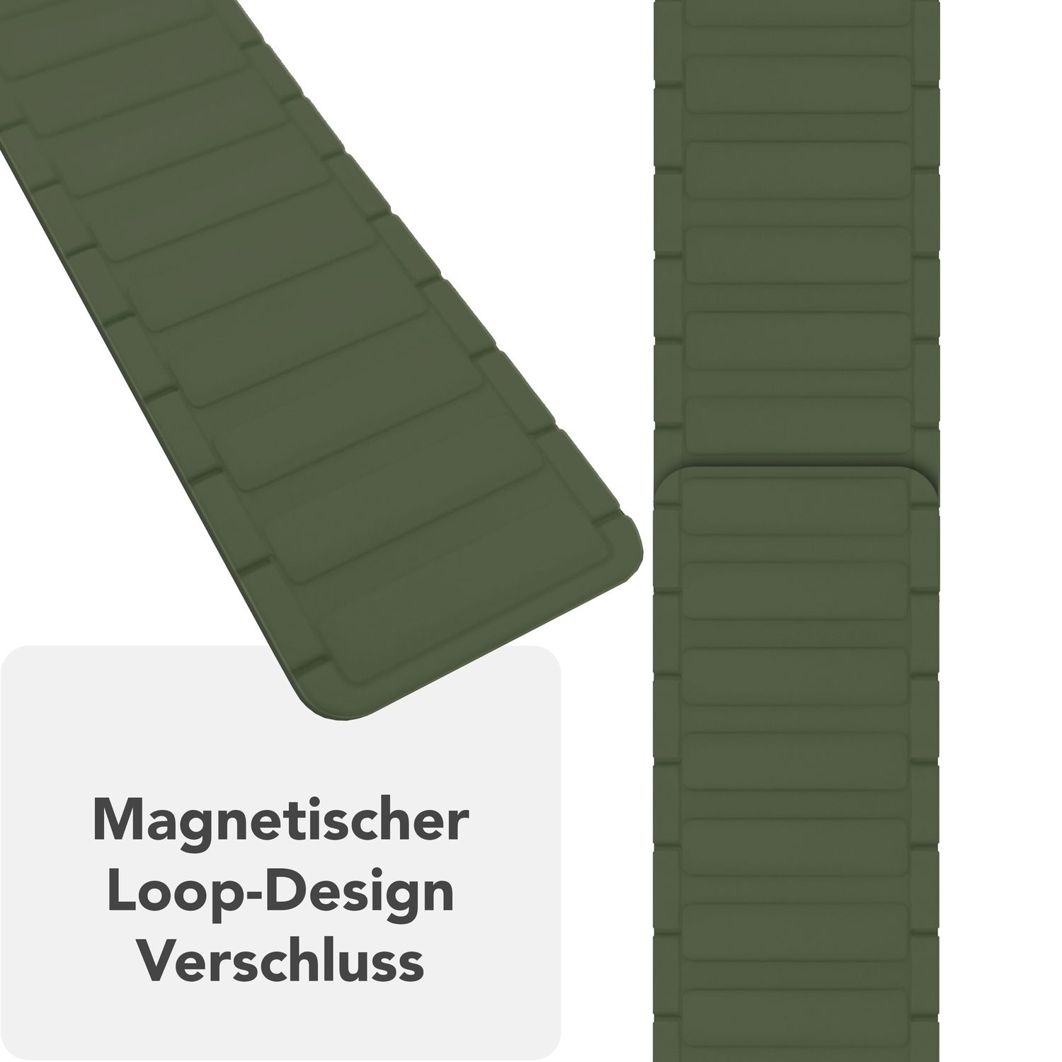 Zwei olivgrüne Uhrenarmbänder. Text: Magnetischer Loop-Design Verschluss.