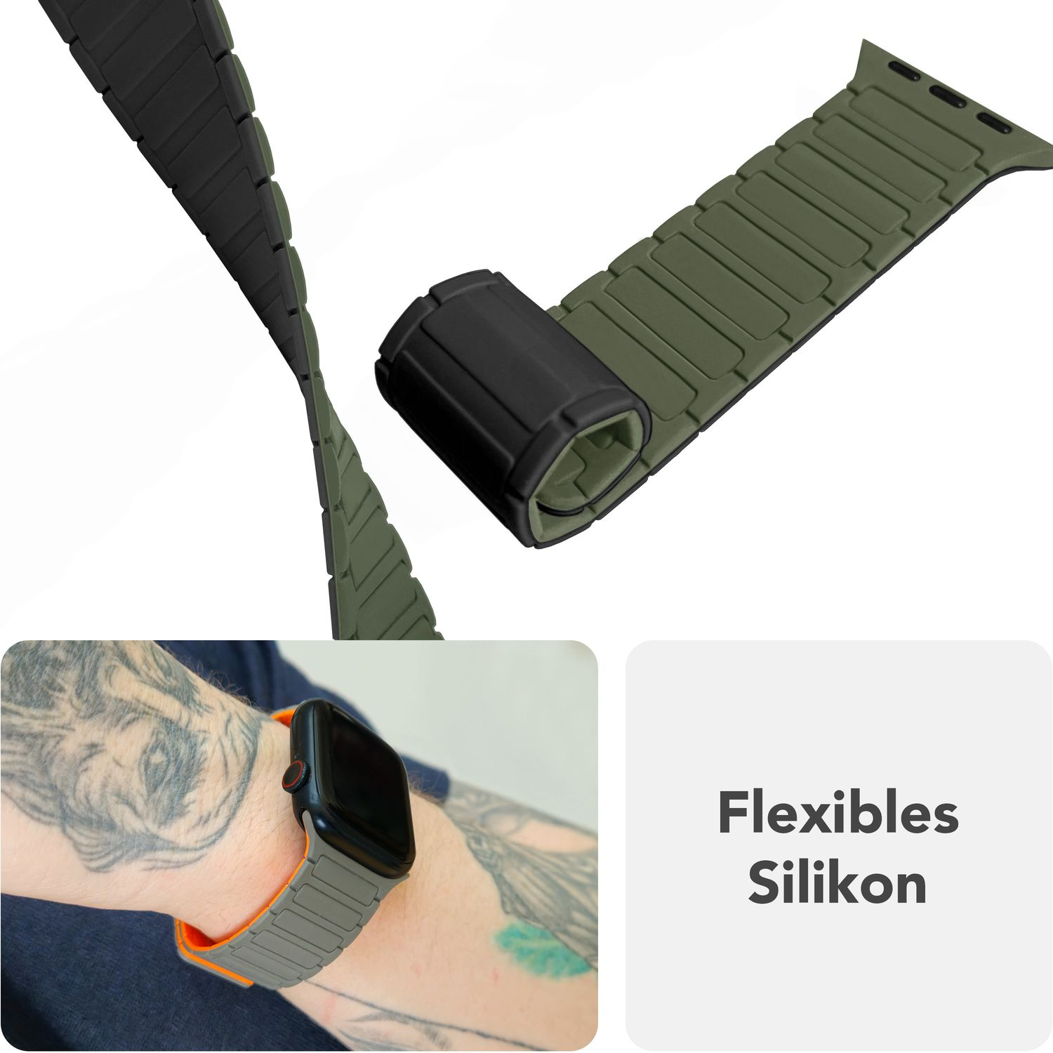 Olivgrünes Uhrenarmband, aufgerollt. Eine Person trägt eine Uhr mit einem ähnlichen Band in Grau und Orange.