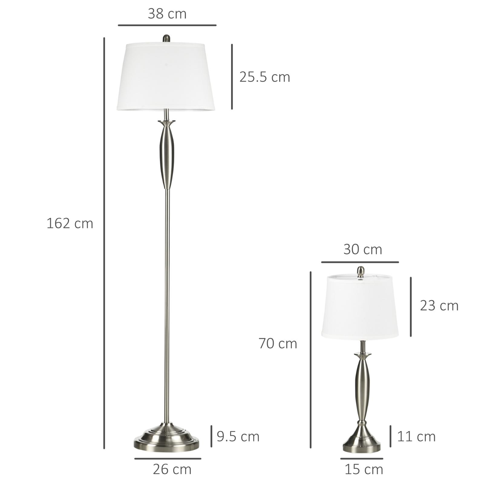 Diagramm einer hohen Stehlampe und einer kleineren Tischlampe, mit Abmessungen in cm. Beide haben weiße Schirme.