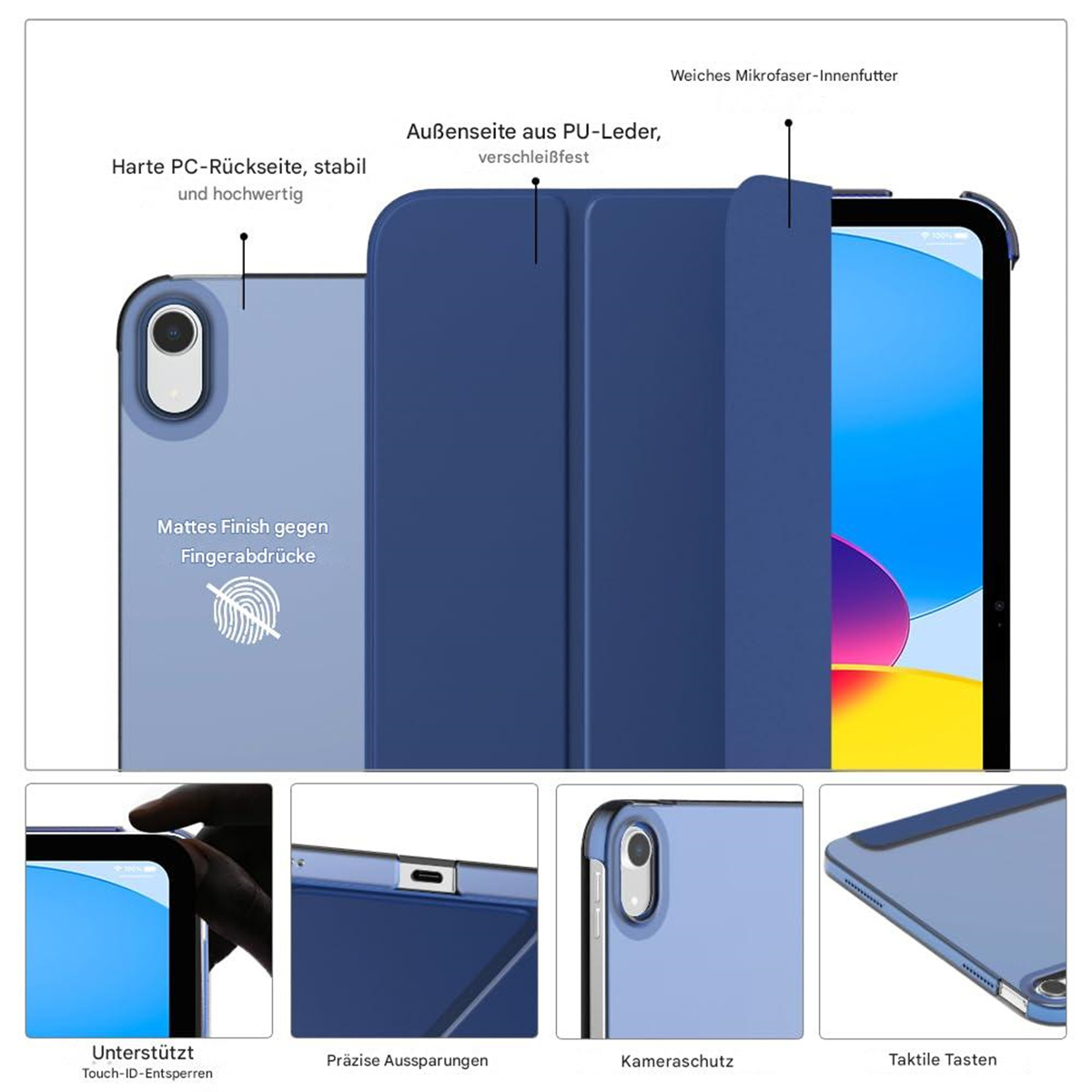 Blaue Tablethülle mit Nahaufnahmen der Funktionen.
