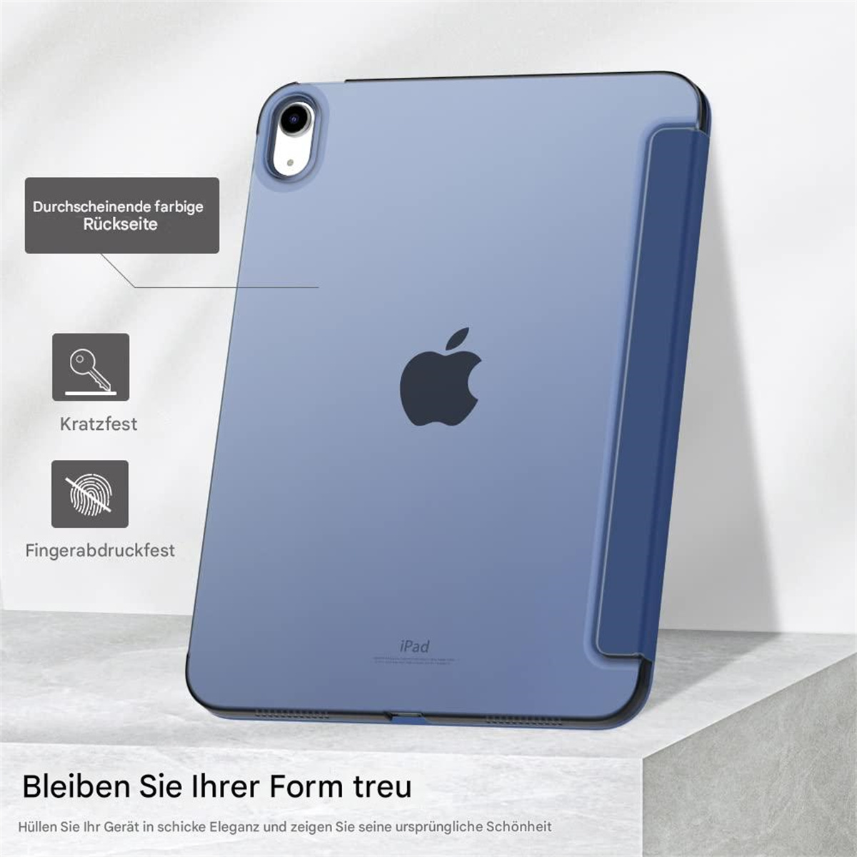 iPad in blauer Hülle, mit Text über transparente Rückseite, Kratzfestigkeit, Fingerabdruckfestigkeit, und Formtreue.