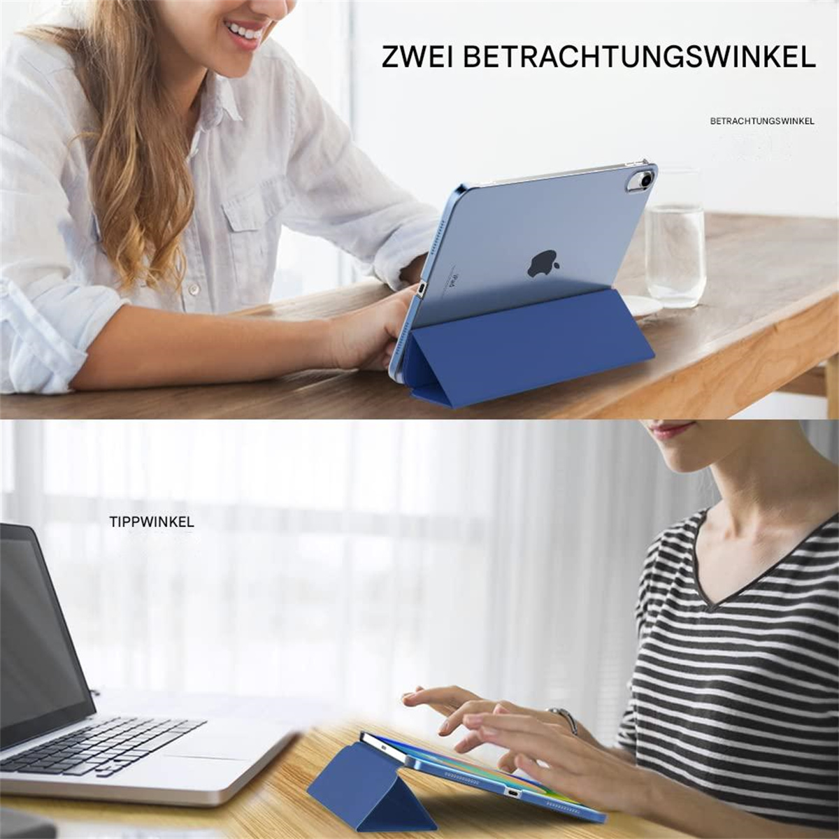 Zwei Ansichten eines Tablets mit blauem Gehäuse auf einem Holztisch. Eine Person benutzt das Tablet.