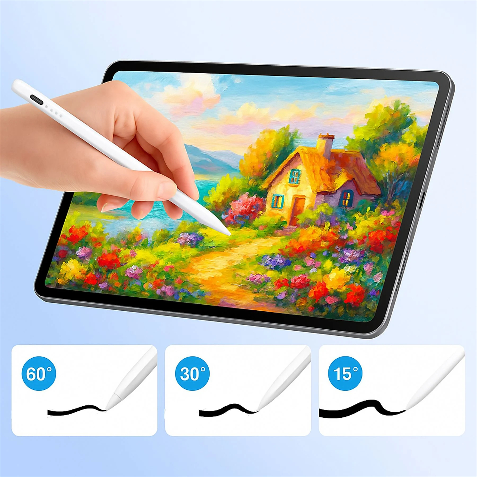 Ein weißer Stift zeichnet auf einem Tablet, das eine farbenfrohe Landschaft zeigt. Drei Winkeloptionen werden angezeigt.