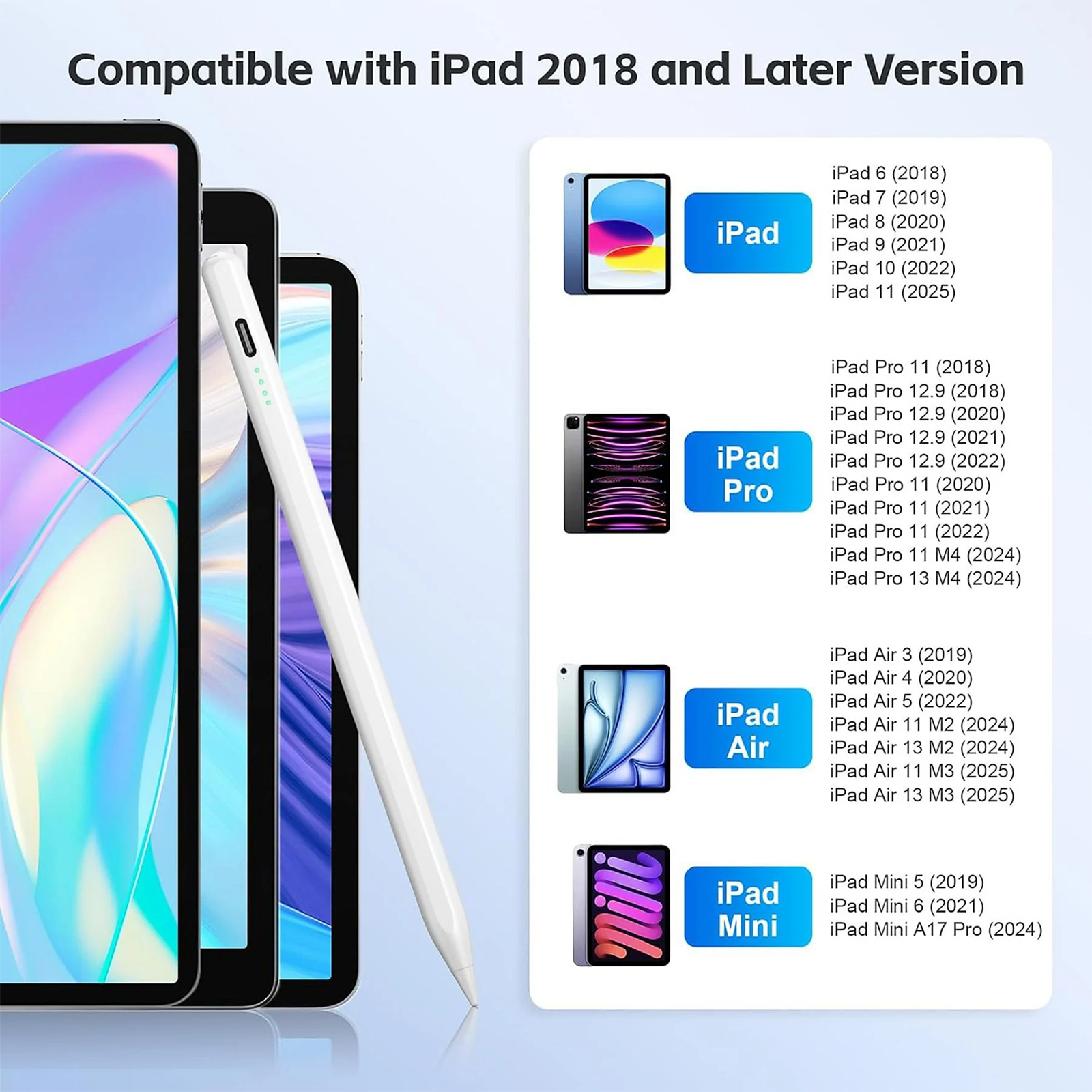 Ein weißer Stift und eine Liste kompatibler iPads, einschließlich iPad 6, 7, 8, 9, 10, 11 und Pro-Modelle.