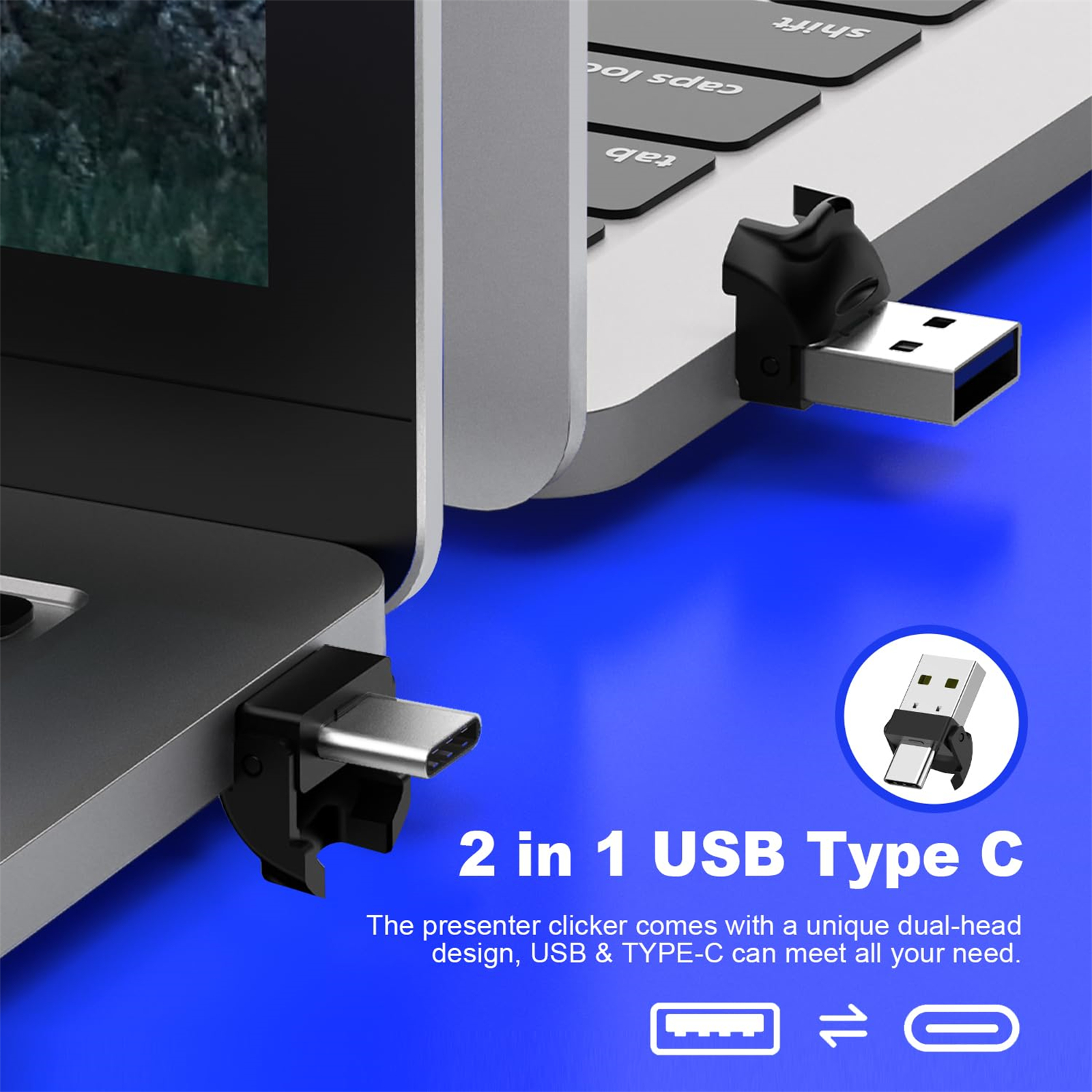 Un adattatore USB Type C collegato a un laptop. Design 2 in 1 con estremità USB e USB-C.