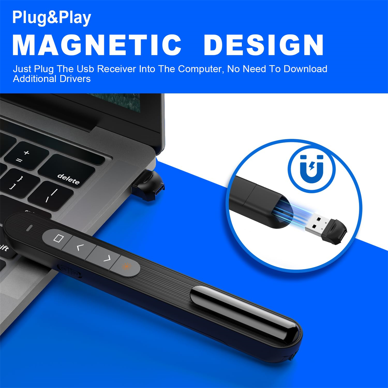 Un clicker di presentazione nero collegato a un laptop. Il testo dice 'Magnetic Design'.