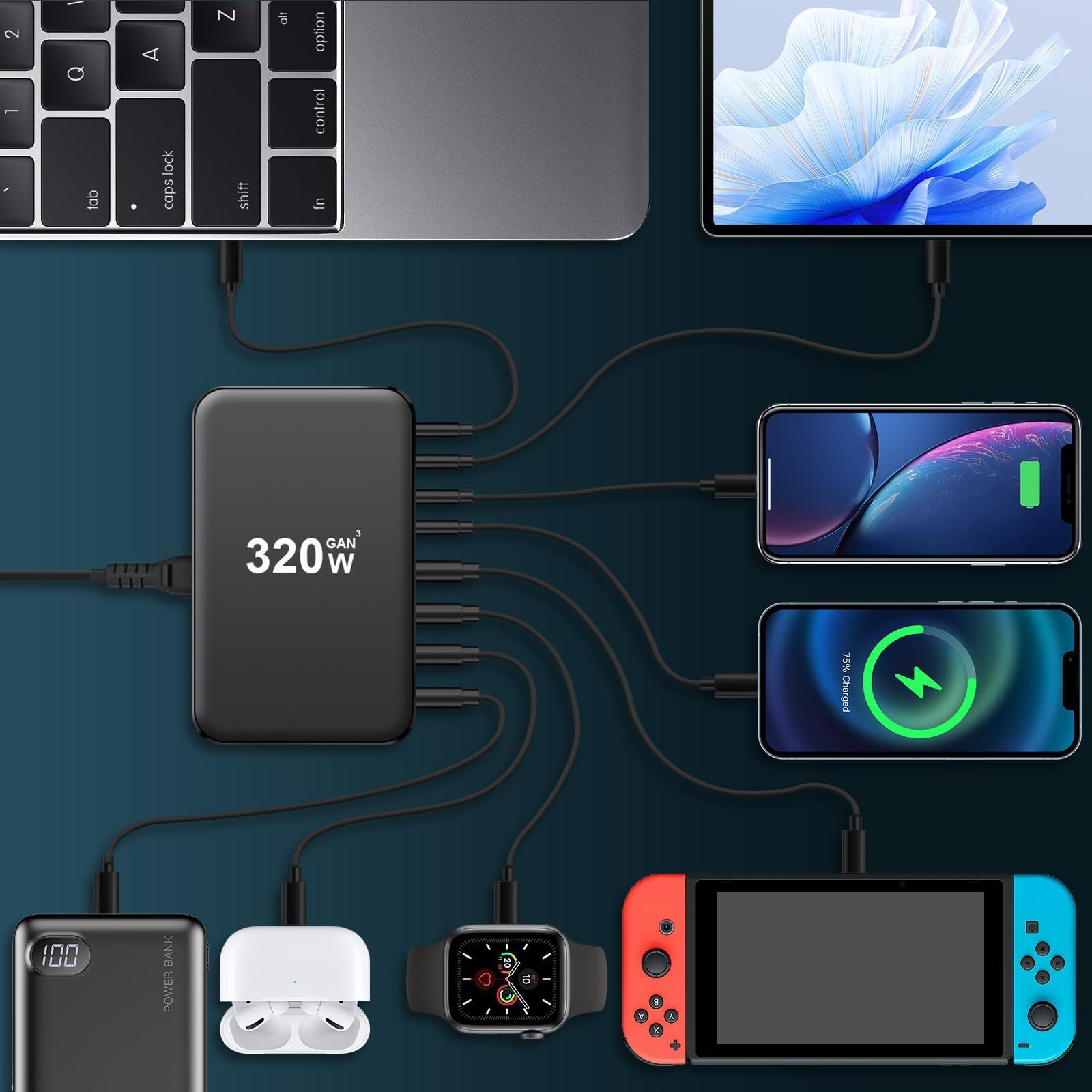Das Bild zeigt eine Ladestation, die mit mehreren Geräten verbunden ist: einem Laptop, Telefonen, einer Uhr, einer Powerbank und einer Switch.