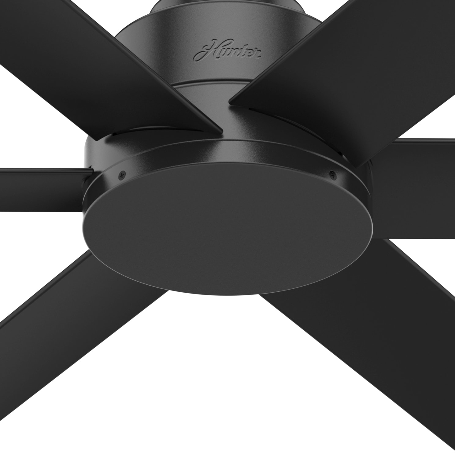 Schwarzer Deckenventilator, Nahaufnahme. Das 'Hunter'-Logo ist auf dem Motorgehäuse sichtbar.
