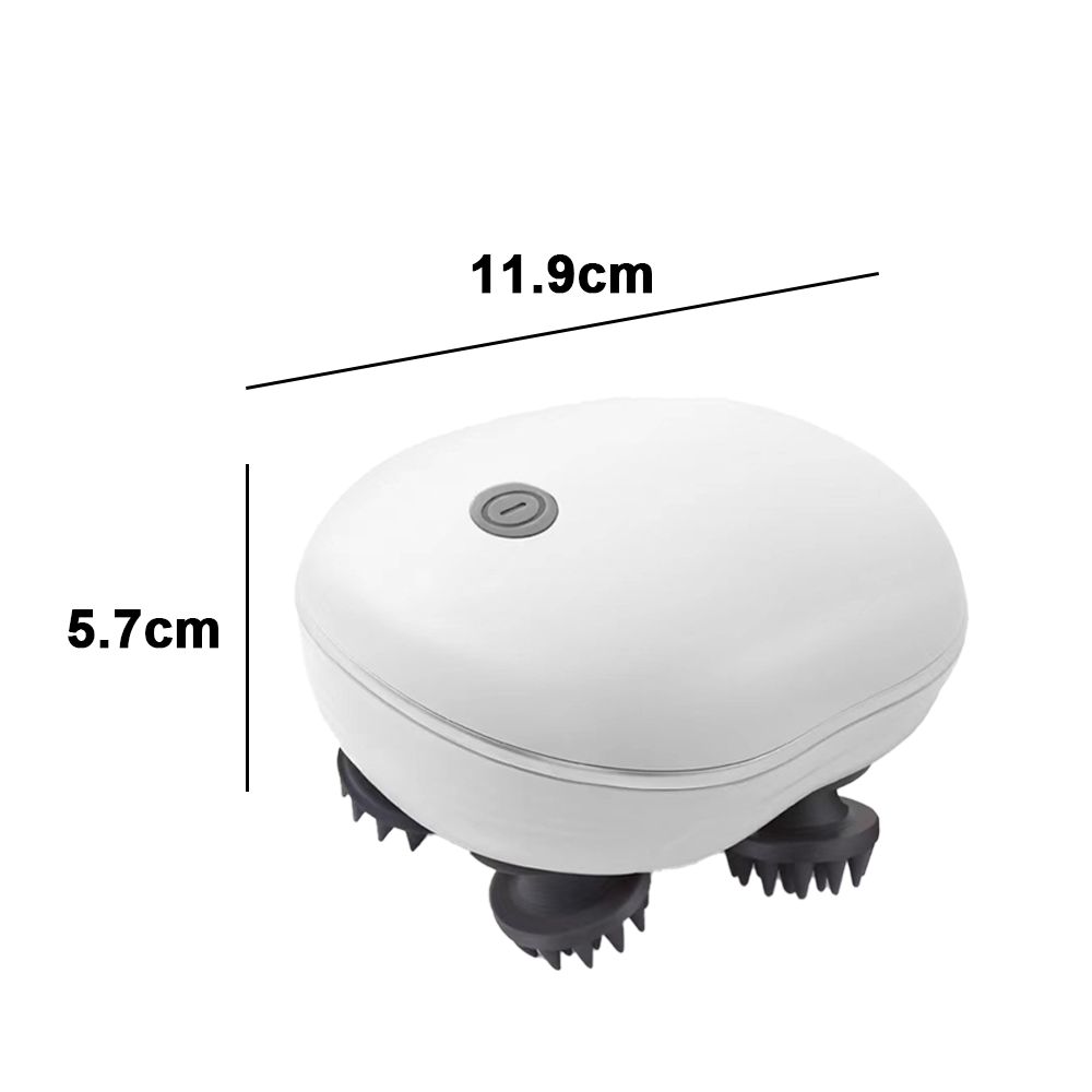 Das Bild zeigt ein weißes Kopfmassagegerät mit den Maßen 11,9 cm und 5,7 cm, isoliert auf weißem Grund.