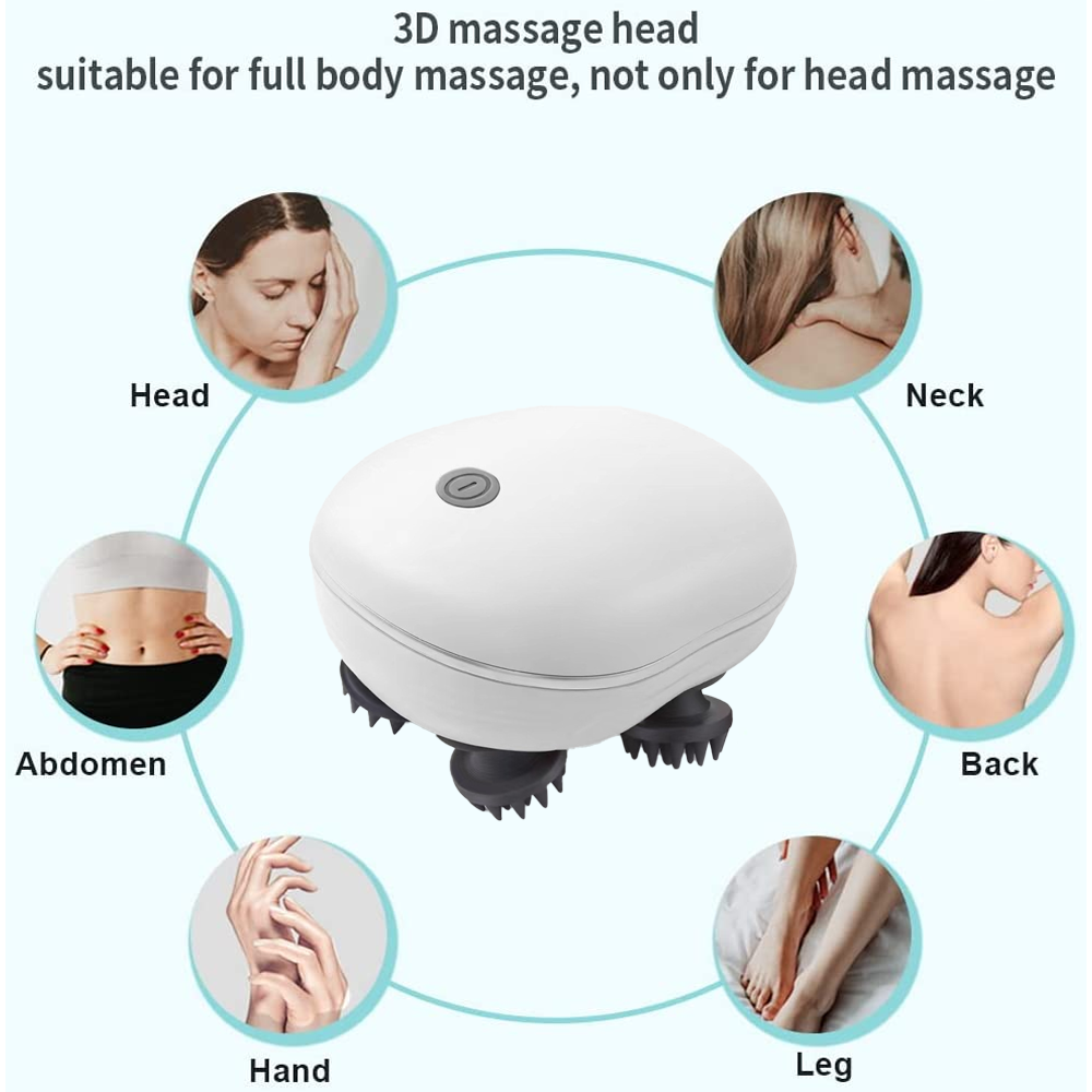 Weißes Massagegerät mit sechs Massagepunkten, am Körper illustriert.