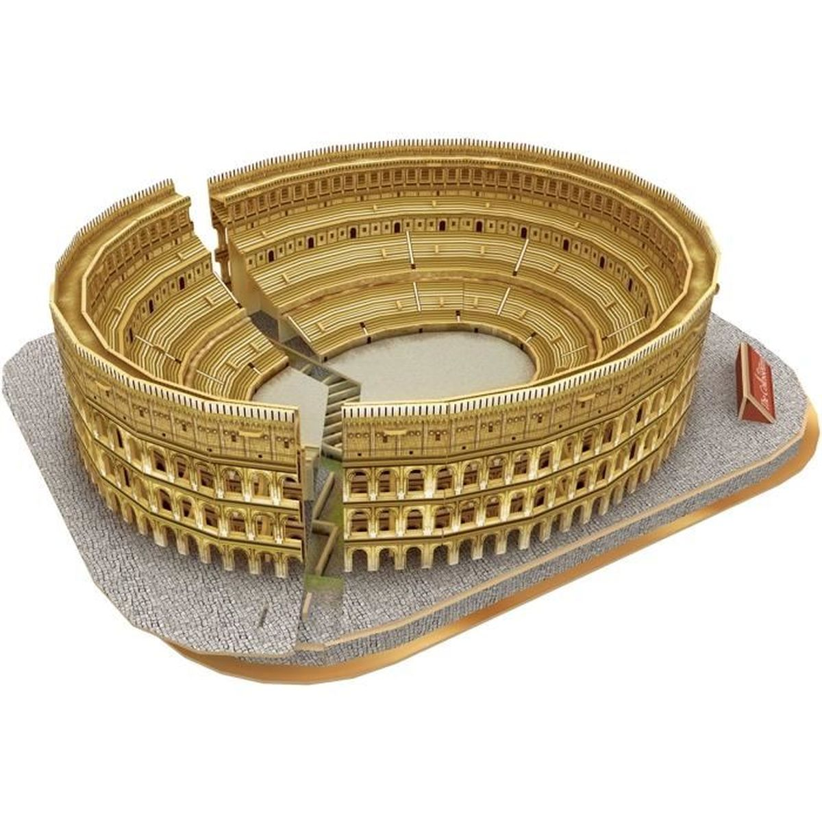 Puzzle 3D Colosseo, beige e marrone, su base grigia.