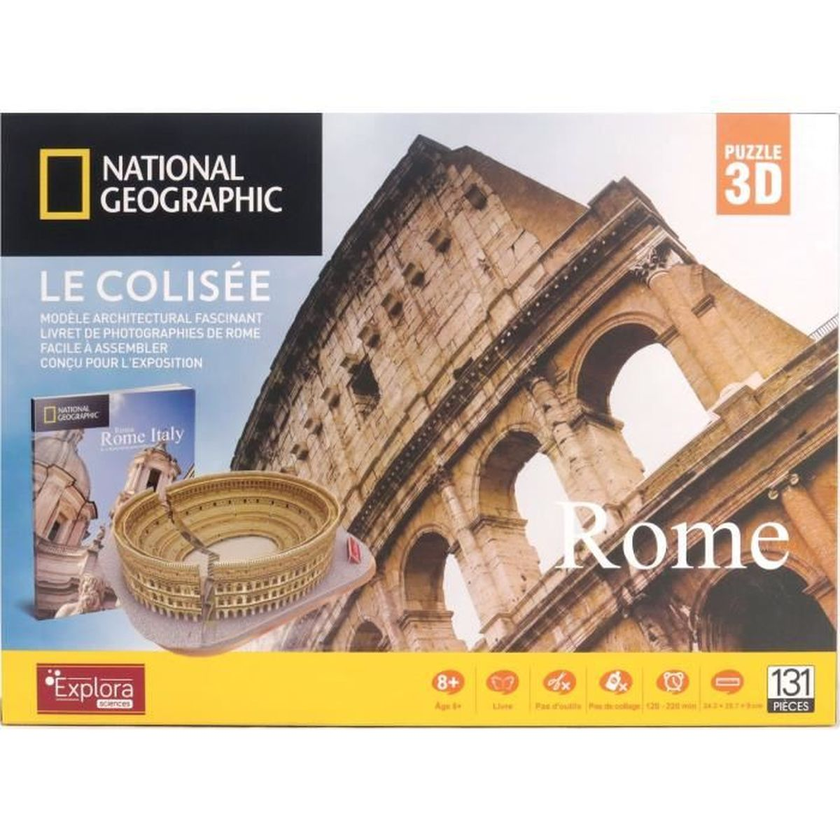 Puzzle 3D del Colosseo a Roma, con la sua scatola. Marchio National Geographic.