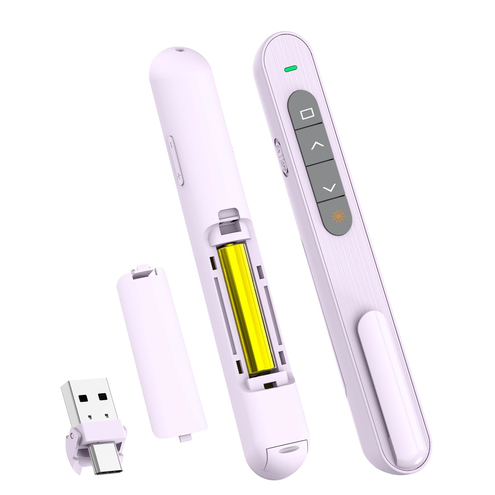 Zwei weiße Fernbedienungen und ein USB-Adapter. Eine ist offen und zeigt eine gelbe Batterie. Weißer Hintergrund.