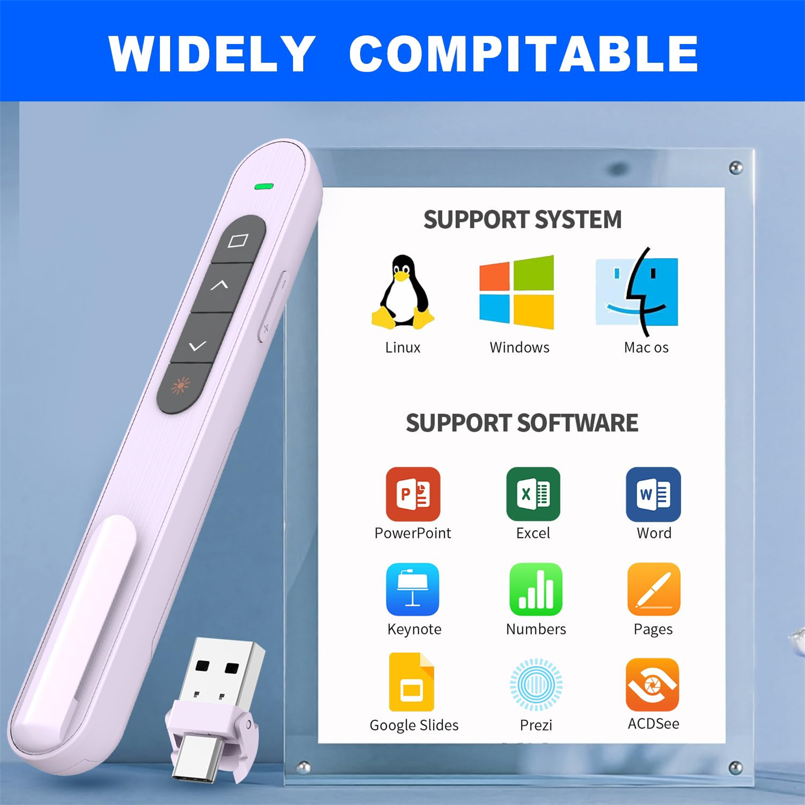 Weiße Fernbedienung mit Tasten, Symbolen und USB-Anschluss auf Glas.