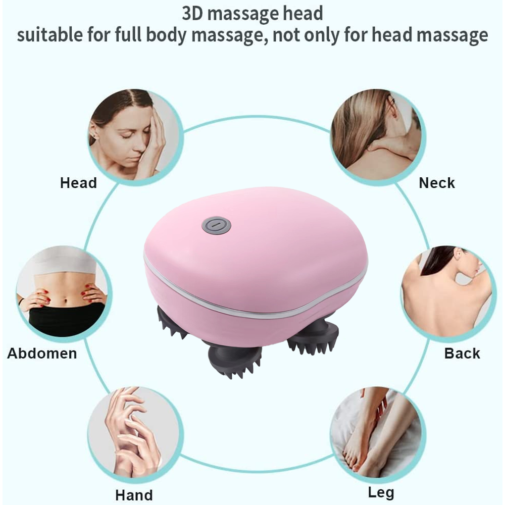 Ein rosa Kopfmassagegerät mit schwarzen Massageköpfen und Diagrammen von Körperbereichen für die Massage.