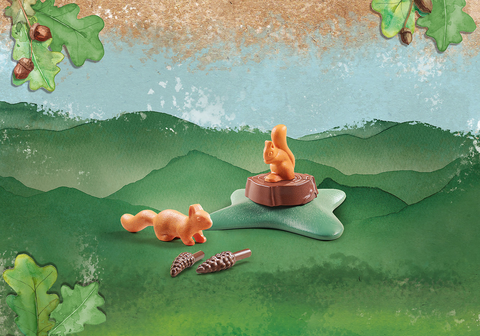 Squirrel toy on a green base, with a pinecone and acorns. Background is a forest scene.