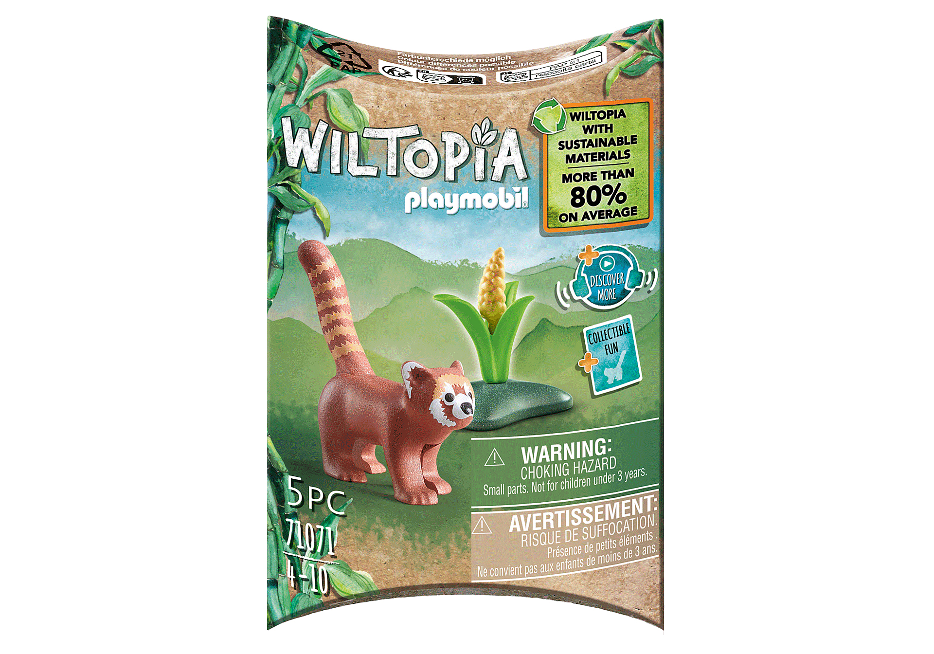 A Playmobil package featuring a red panda and a corn stalk on a green base.