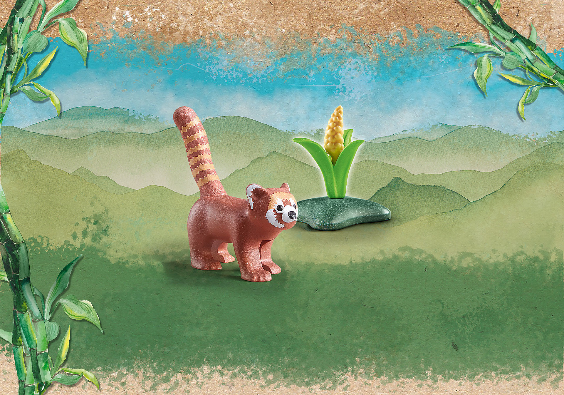 Toy red panda figure with a corn plant in a green scene.