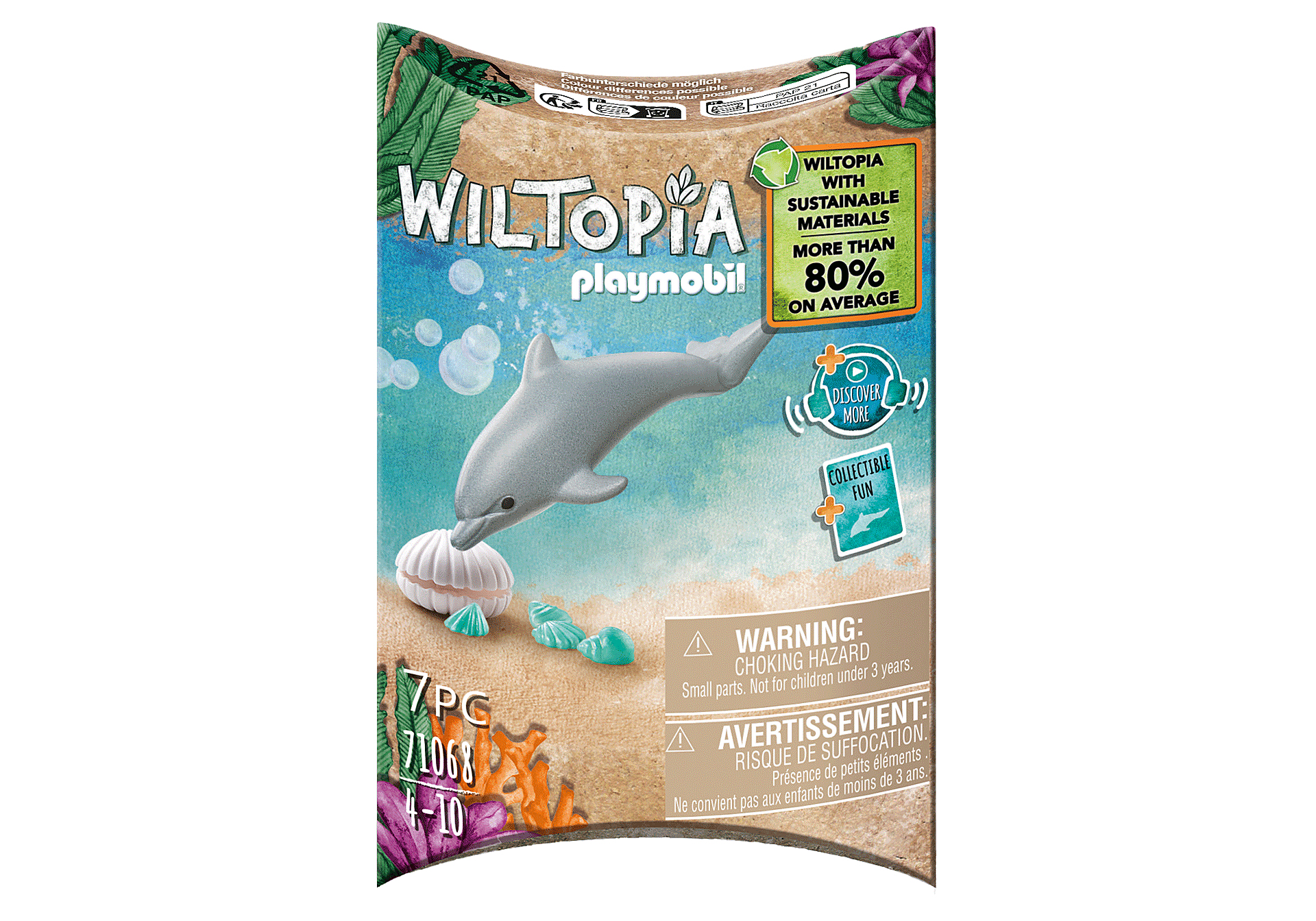 Playmobil-Box mit Delphin, Muscheln und anderen Meereselementen. Hintergrund mit Wasser und Sand.