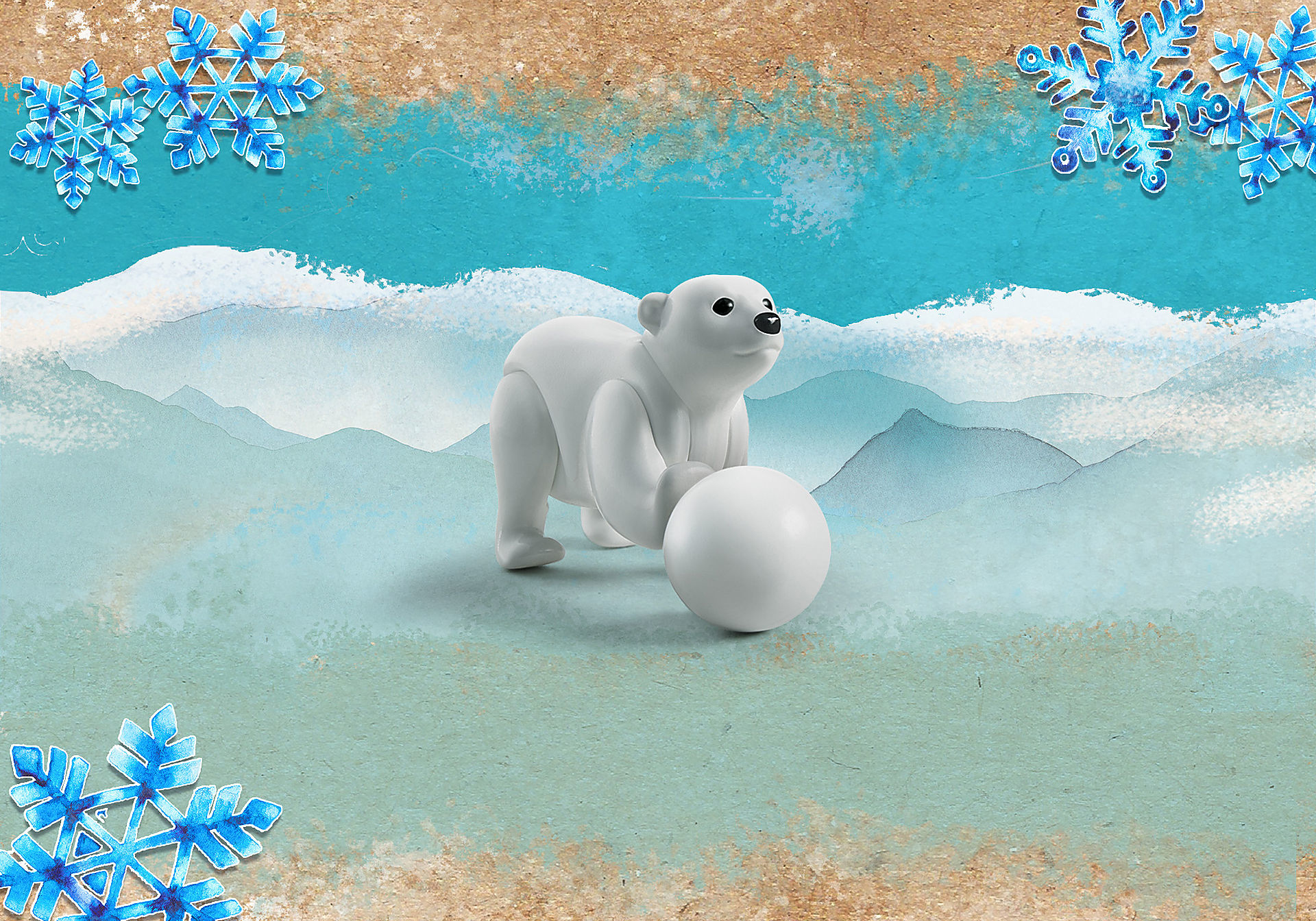 Playmobil polar bear with a snowball. White background with snowflakes.