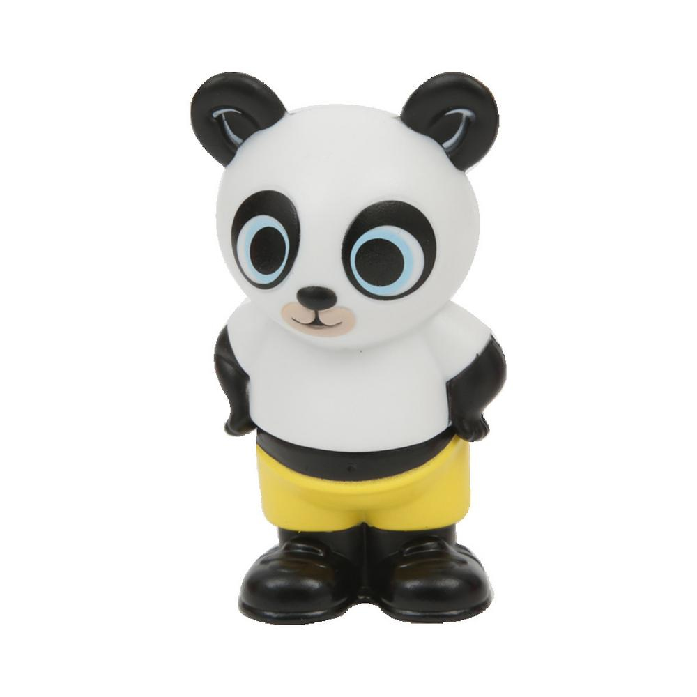 Postać z kreskówki panda z białym ciałem, czarnymi ramionami i żółtymi szortami.