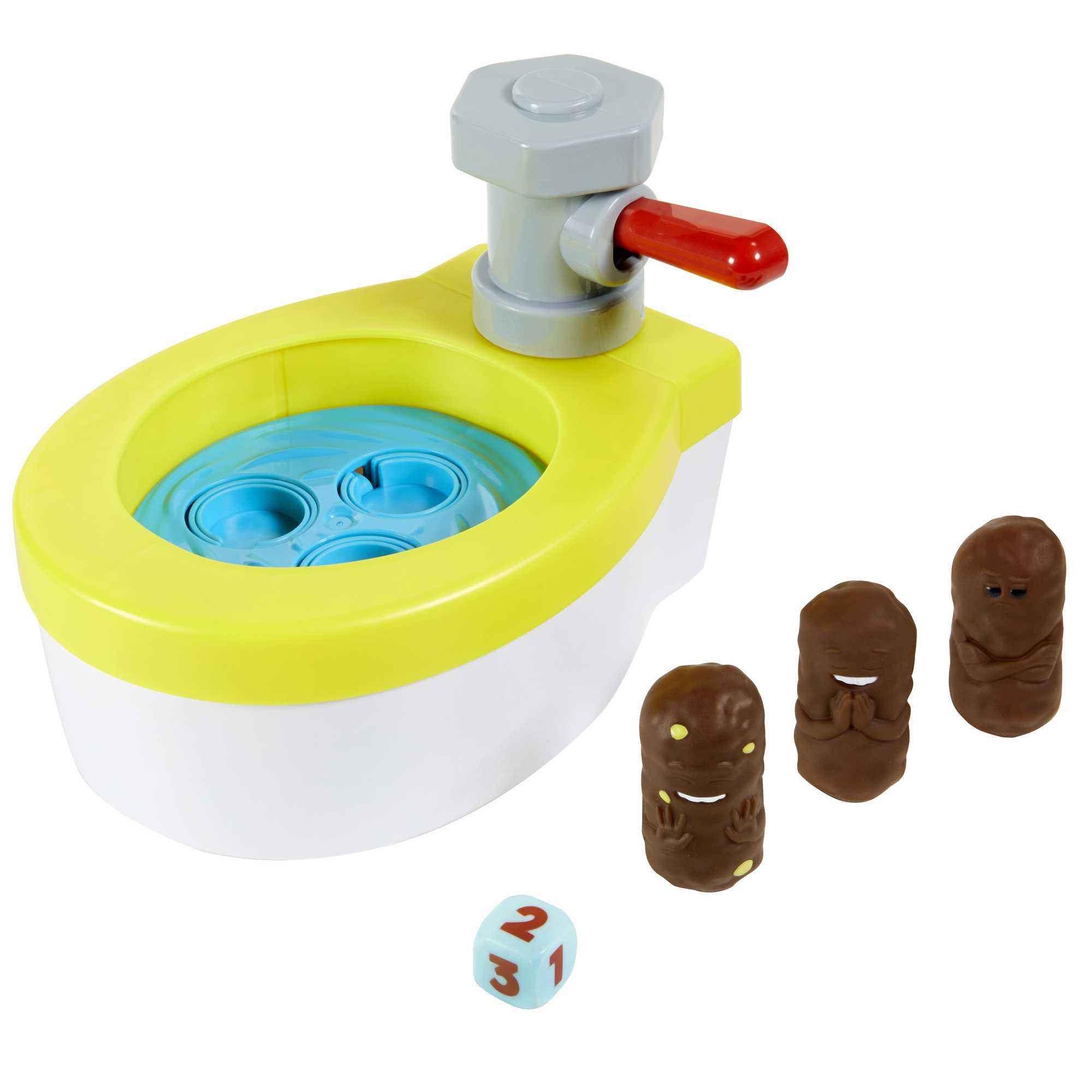 Ein Toilettenspielzeug mit drei Kotfiguren und einem Würfel. Die Toilette ist weiß und gelb.