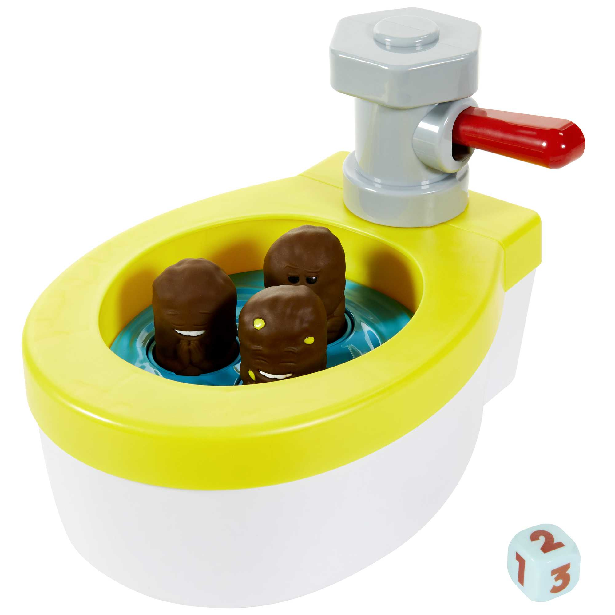 Ein Toilettenspielzeug mit drei Kotfiguren im Wasser. Die Toilette ist weiß und gelb.