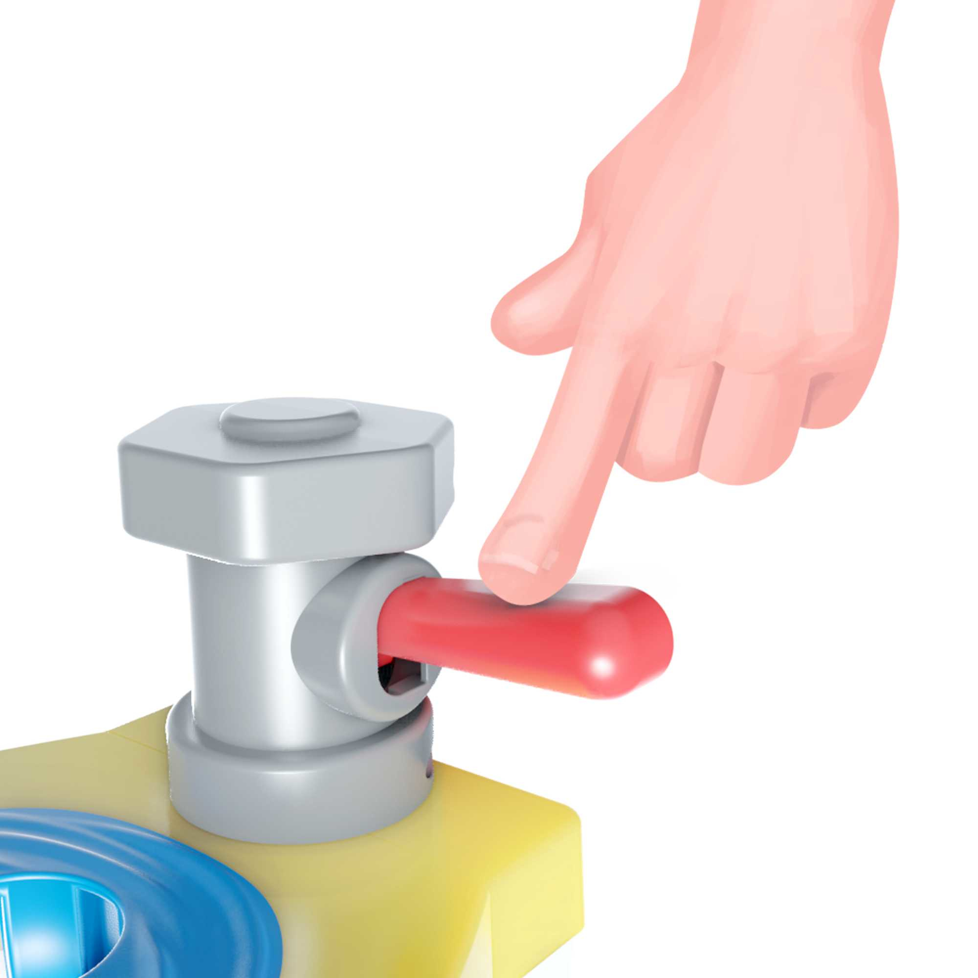 Eine Hand drückt einen roten Knopf auf einer Spielzeugtoilette. Das Spielzeug ist gelb und grau.