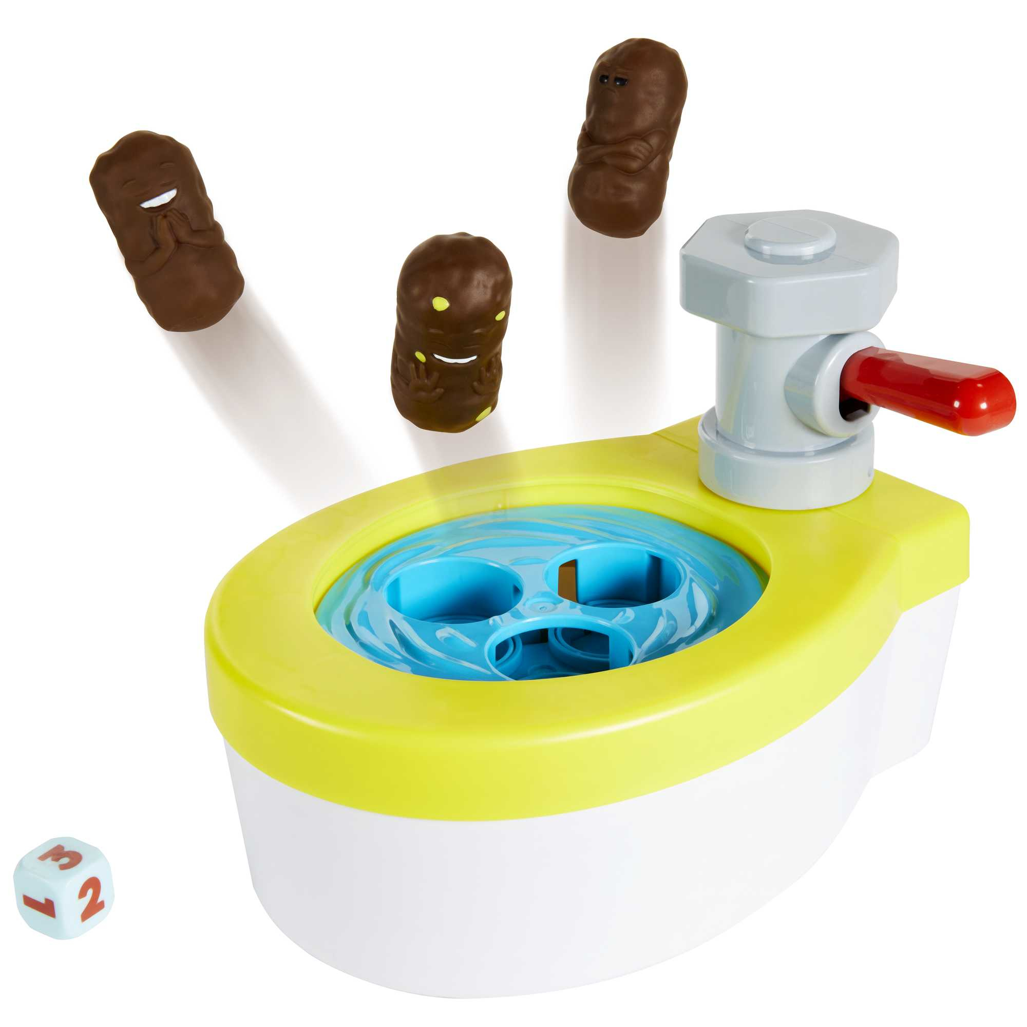 Toilettenspielzeug mit braunen Kotfiguren. Ein Würfel und drei lächelnde Kotfiguren sind abgebildet.