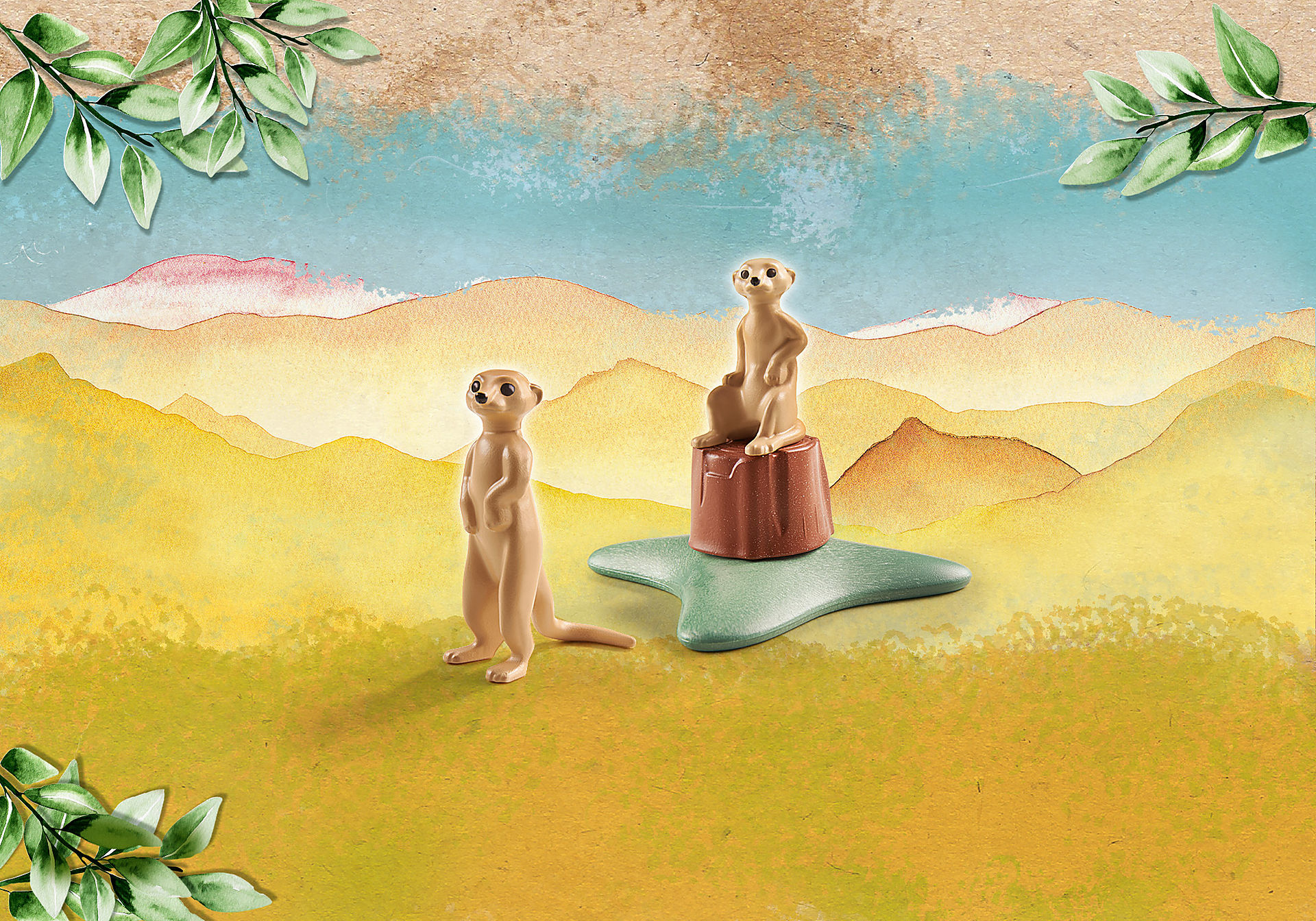 Dwie zabawki surykatki. Jeden stoi, drugi na pniu. Zielona trawa i tło akwarelowe.