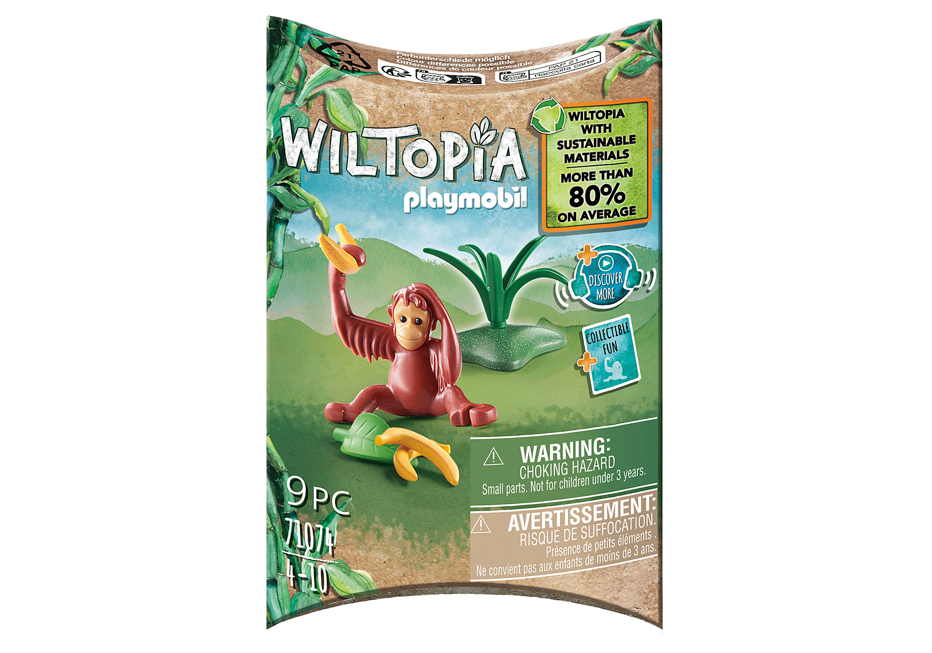 A toy set package featuring an orangutan toy and green plants, with text.