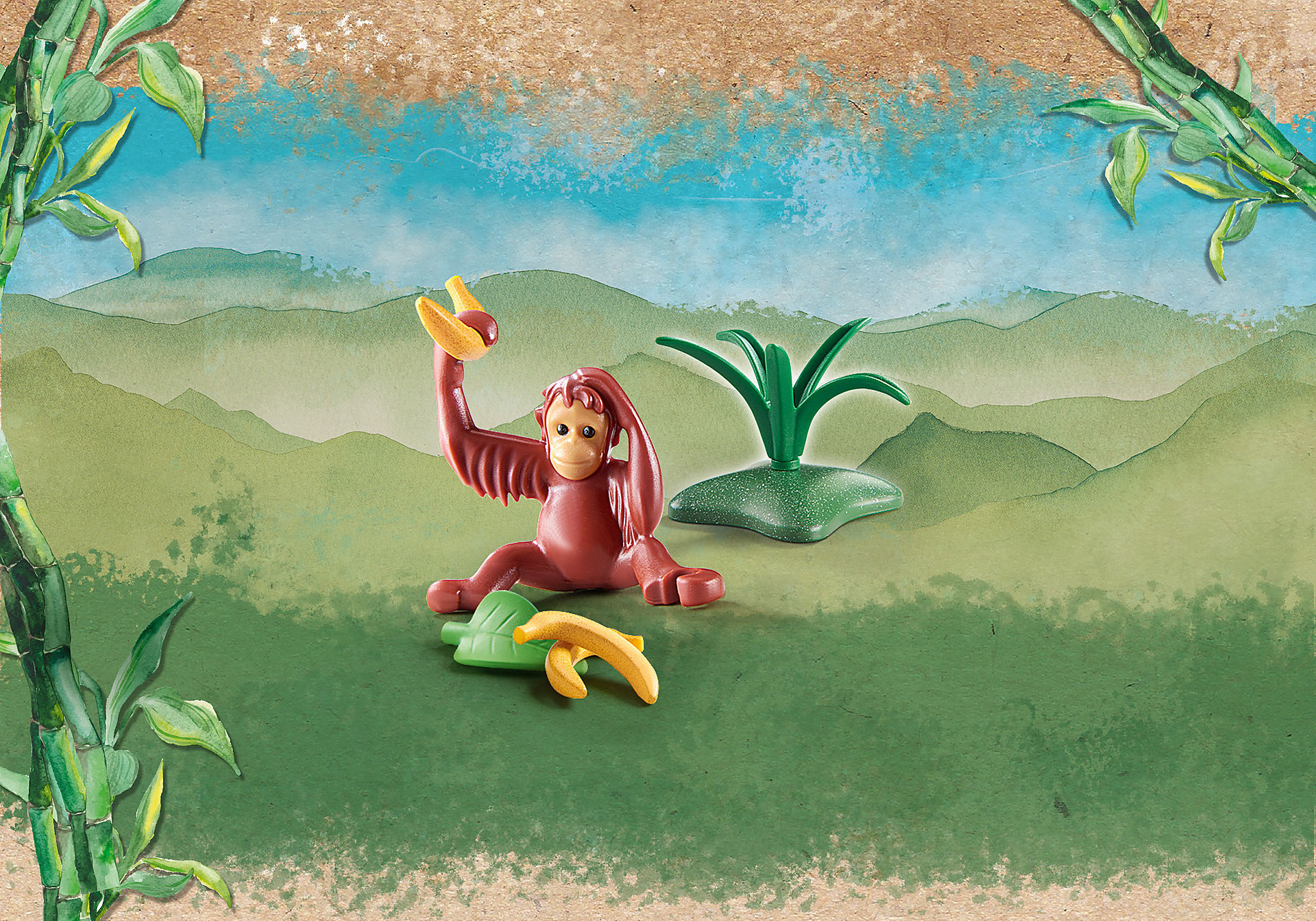 A monkey toy with a banana. The monkey is sitting on a green leaf. A small plant and a background.