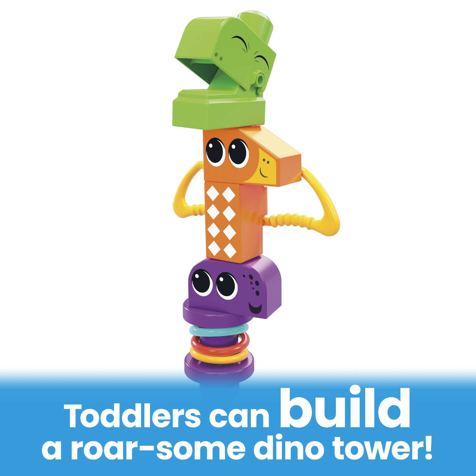 Blocchi giocattolo colorati impilati per formare una torre, con il testo: I bambini possono costruire una torre dino!