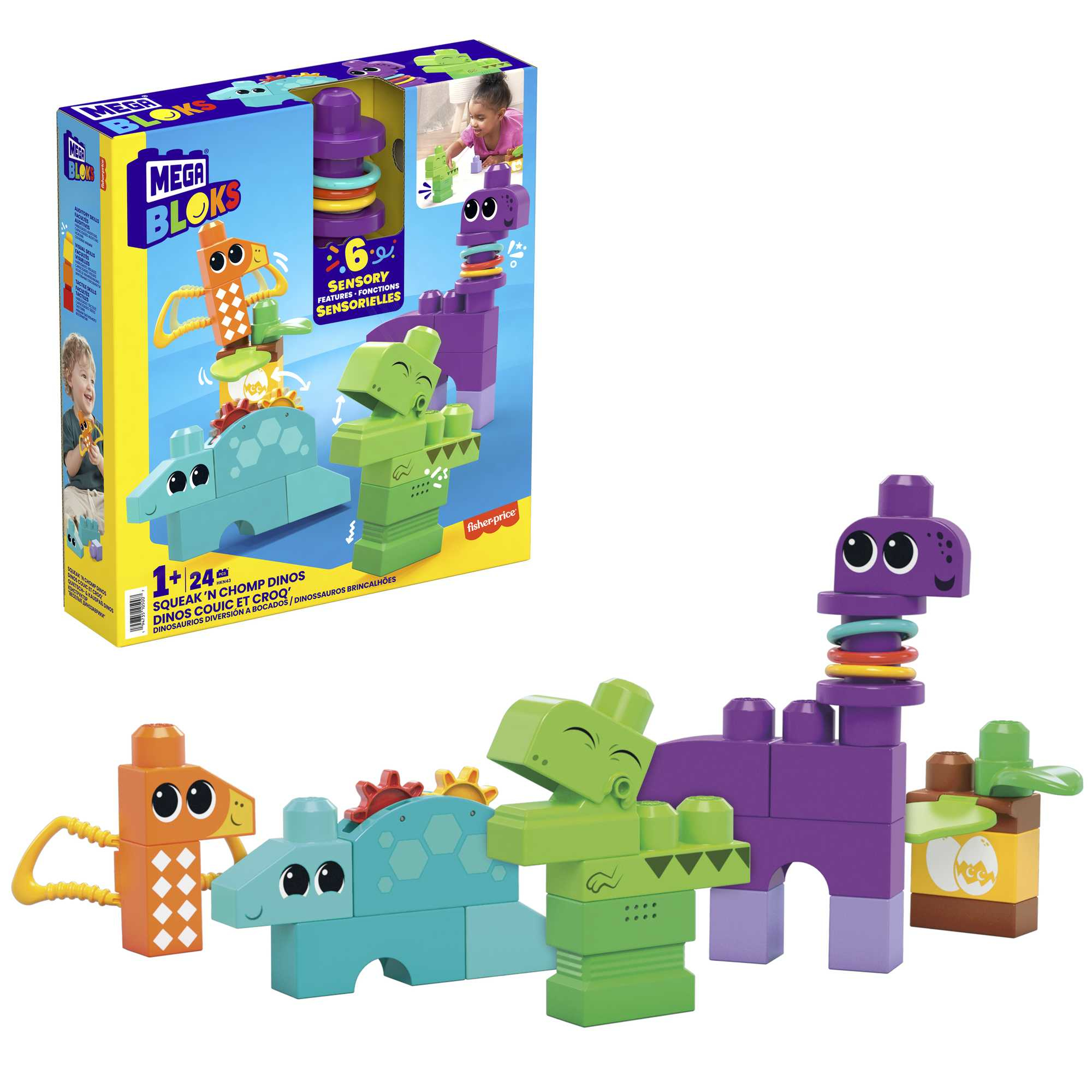 Set di giocattoli di dinosauri Mega Bloks, inclusa una scatola con bambini. Diversi giocattoli a forma di dinosauro.