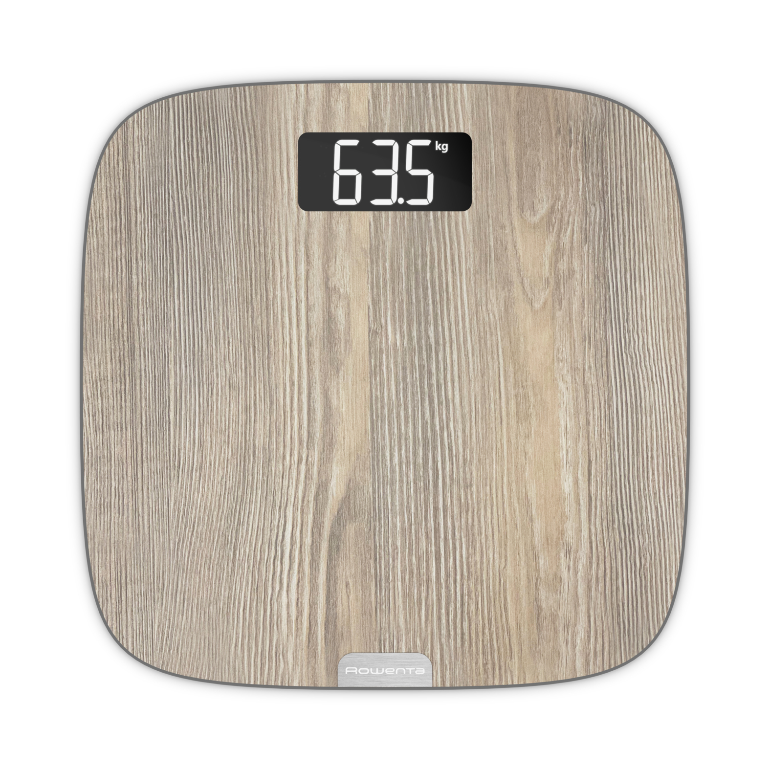 Una báscula digital con patrón de vetas de madera mostrando 63.5 kg sobre fondo blanco.