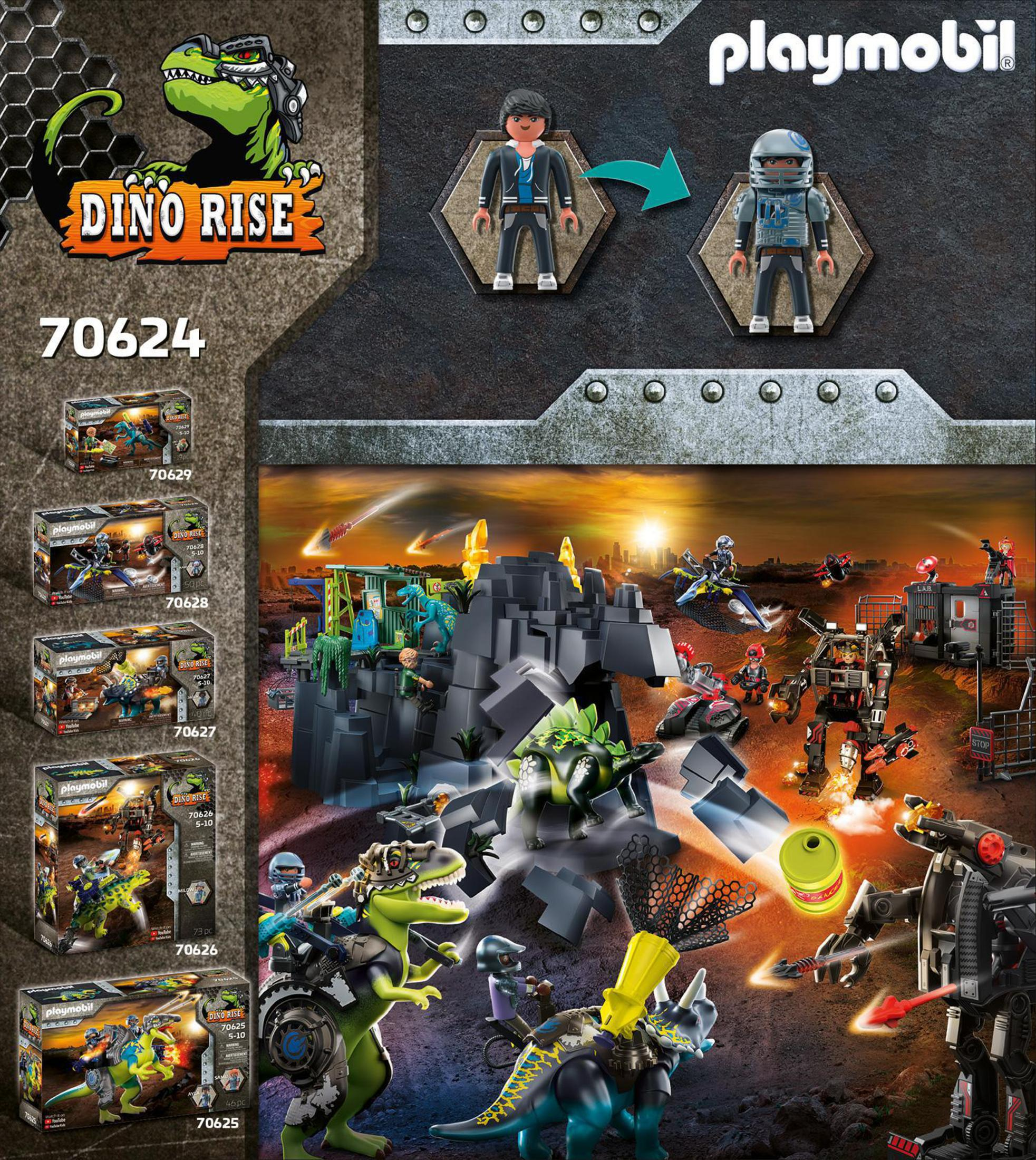 Set Playmobil Dino Rise con figuras, dinosaurios y entorno rocoso.