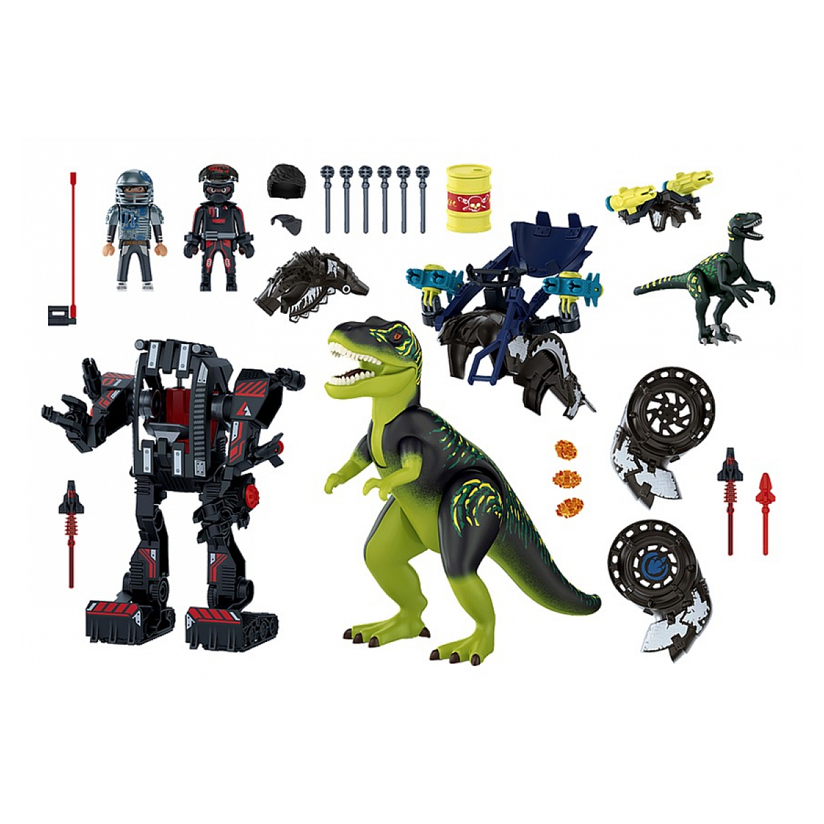 Set de dinosaurios Playmobil con robot y accesorios sobre fondo blanco.