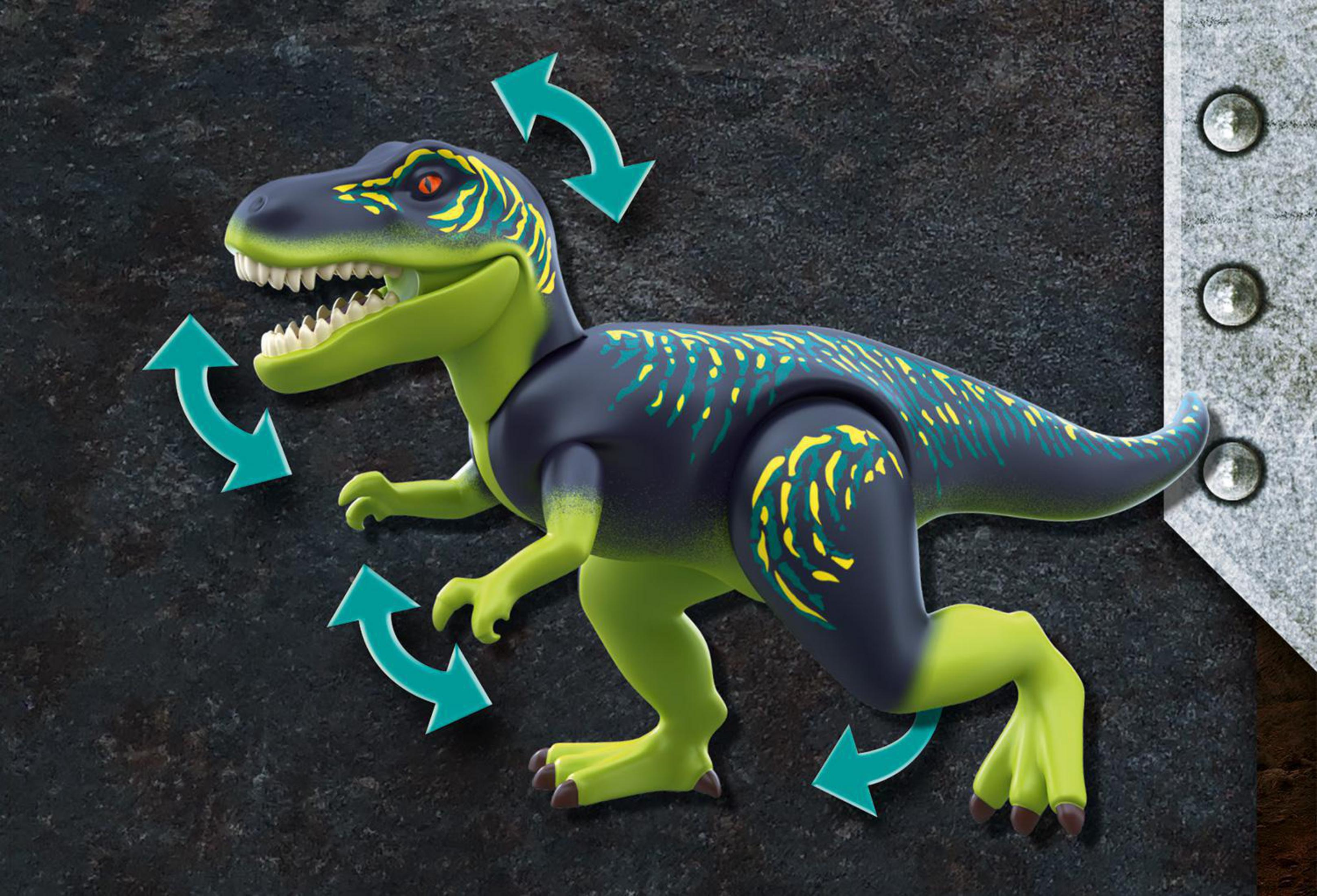 Dinosaurio de juguete con colores verde y azul, extremidades móviles y fondo gris. Flechas indican movimiento.