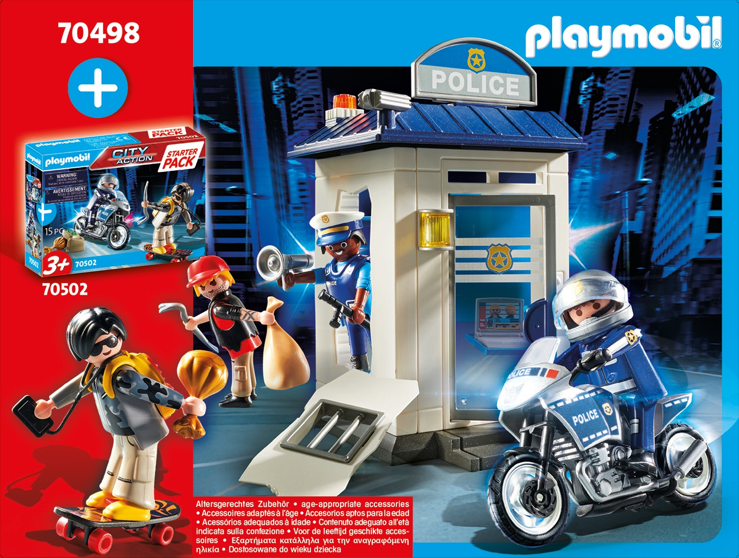 Comisaría Playmobil con figuras, una moto y accesorios.