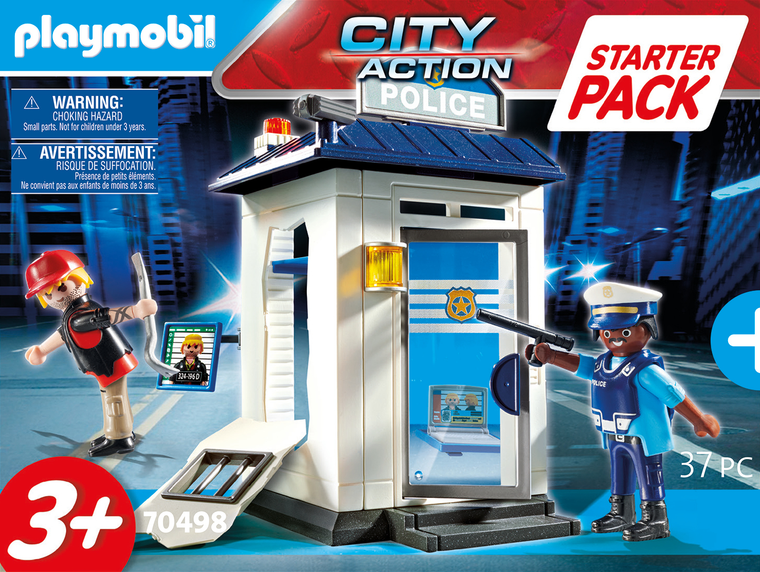 Set de estación de policía Playmobil. Incluye figuras, edificio y accesorios.