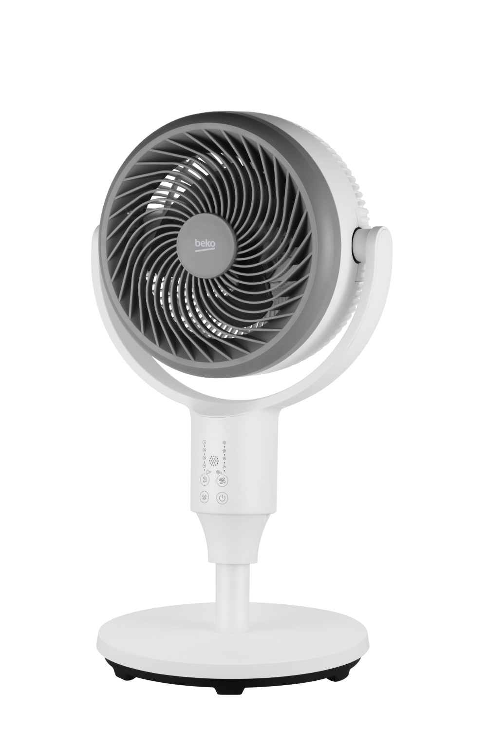 Witte en grijze Beko ventilator. De ventilatorkop is rond met een cirkelvormig roosterdesign. Witte basis.