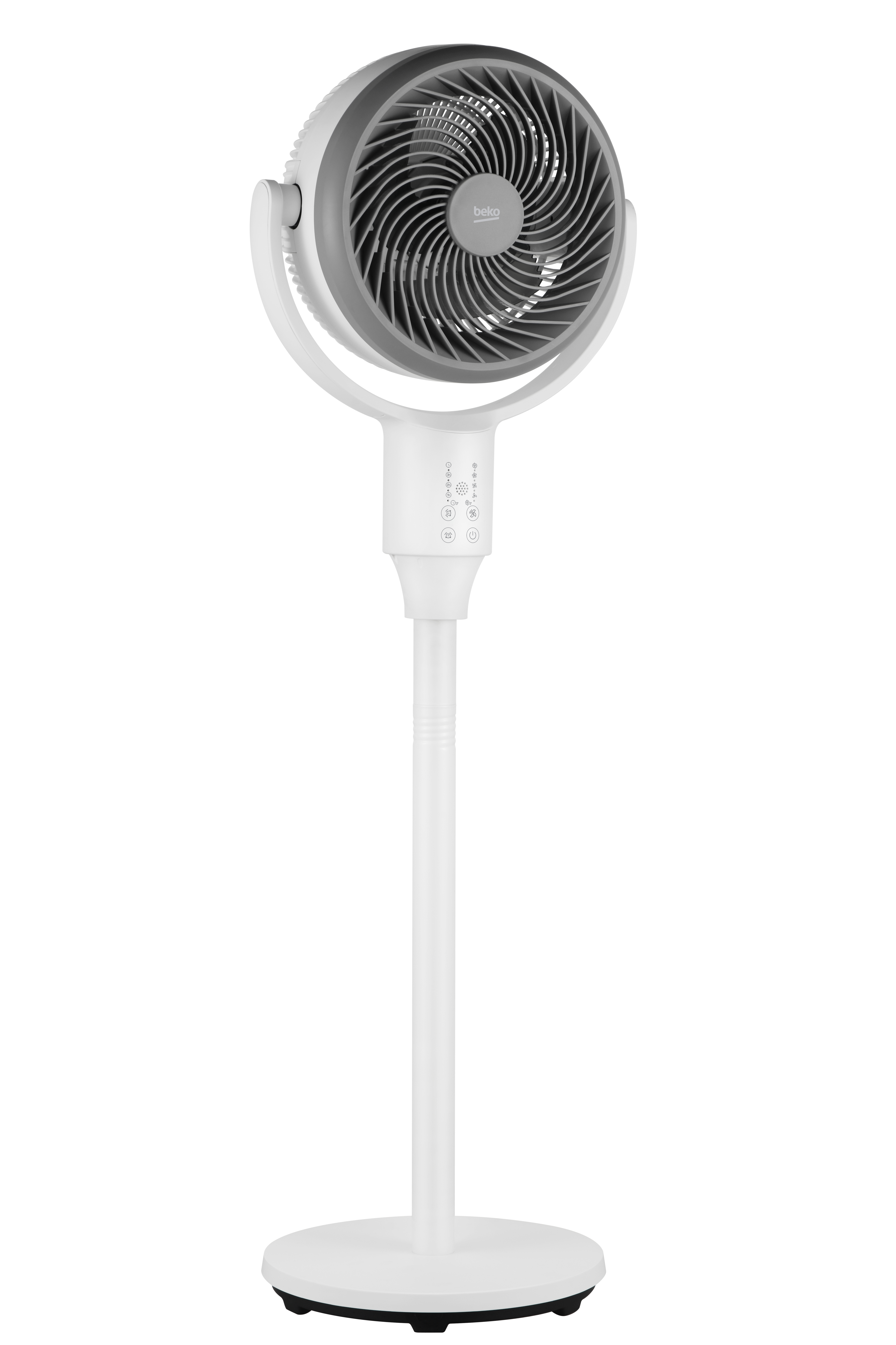 Witte en grijze staande ventilator met een cirkelvormige kop en basis, op een witte achtergrond.