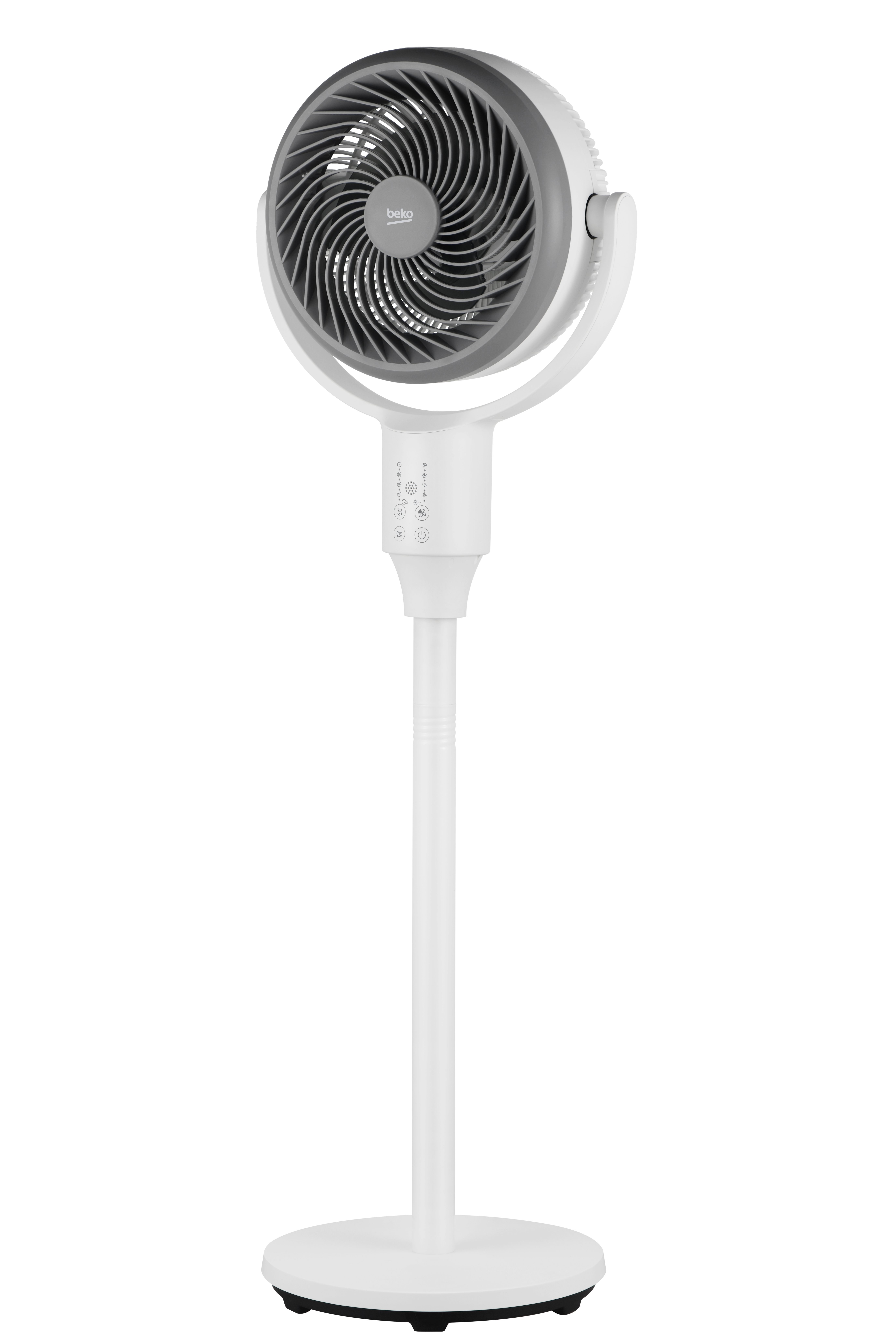 Witte en grijze staande ventilator met een cirkelvormige kop en basis, op een witte achtergrond.
