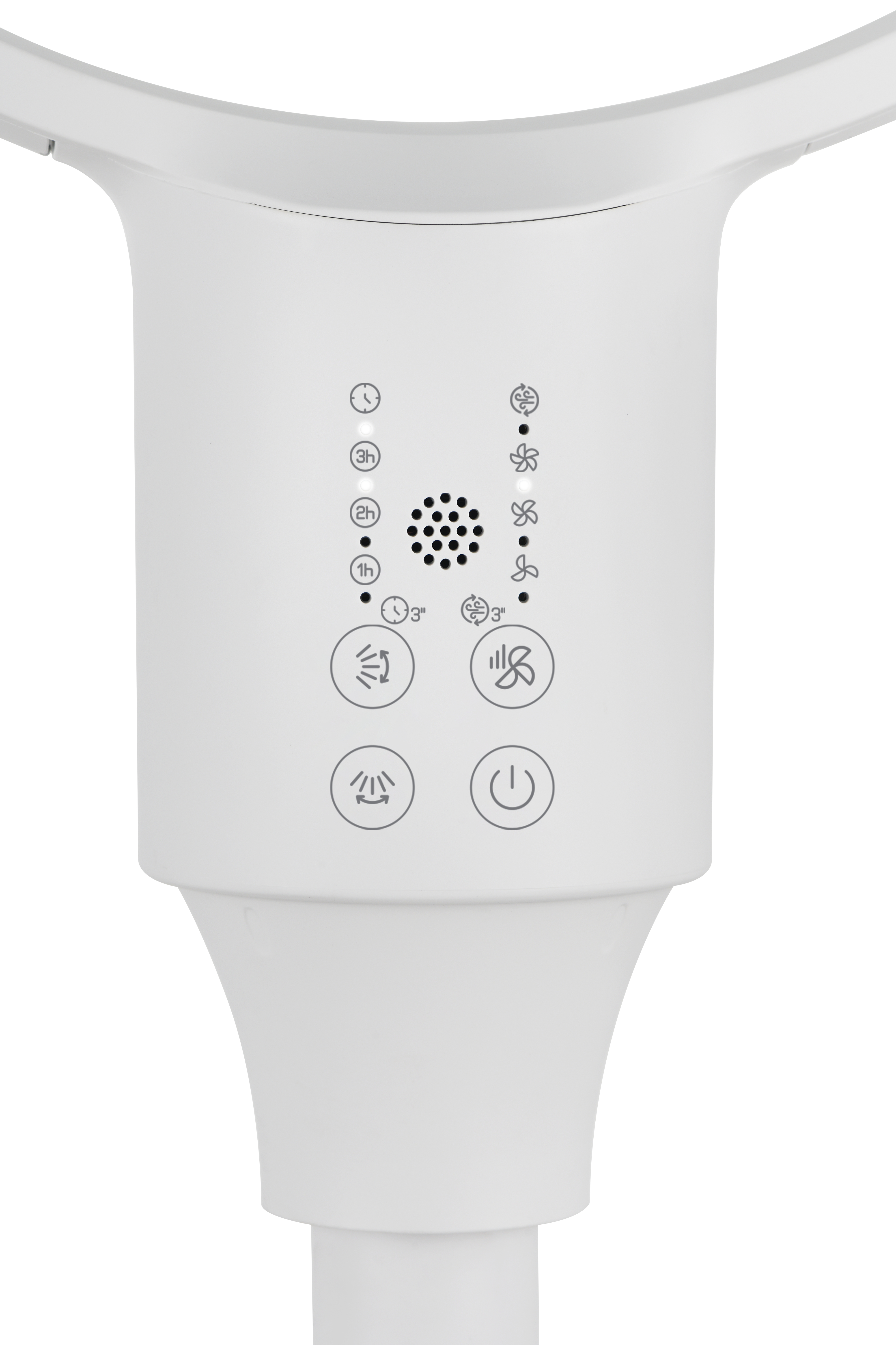 Wit ventilatorbedieningspaneel met knoppen voor timer en snelheidsinstellingen.