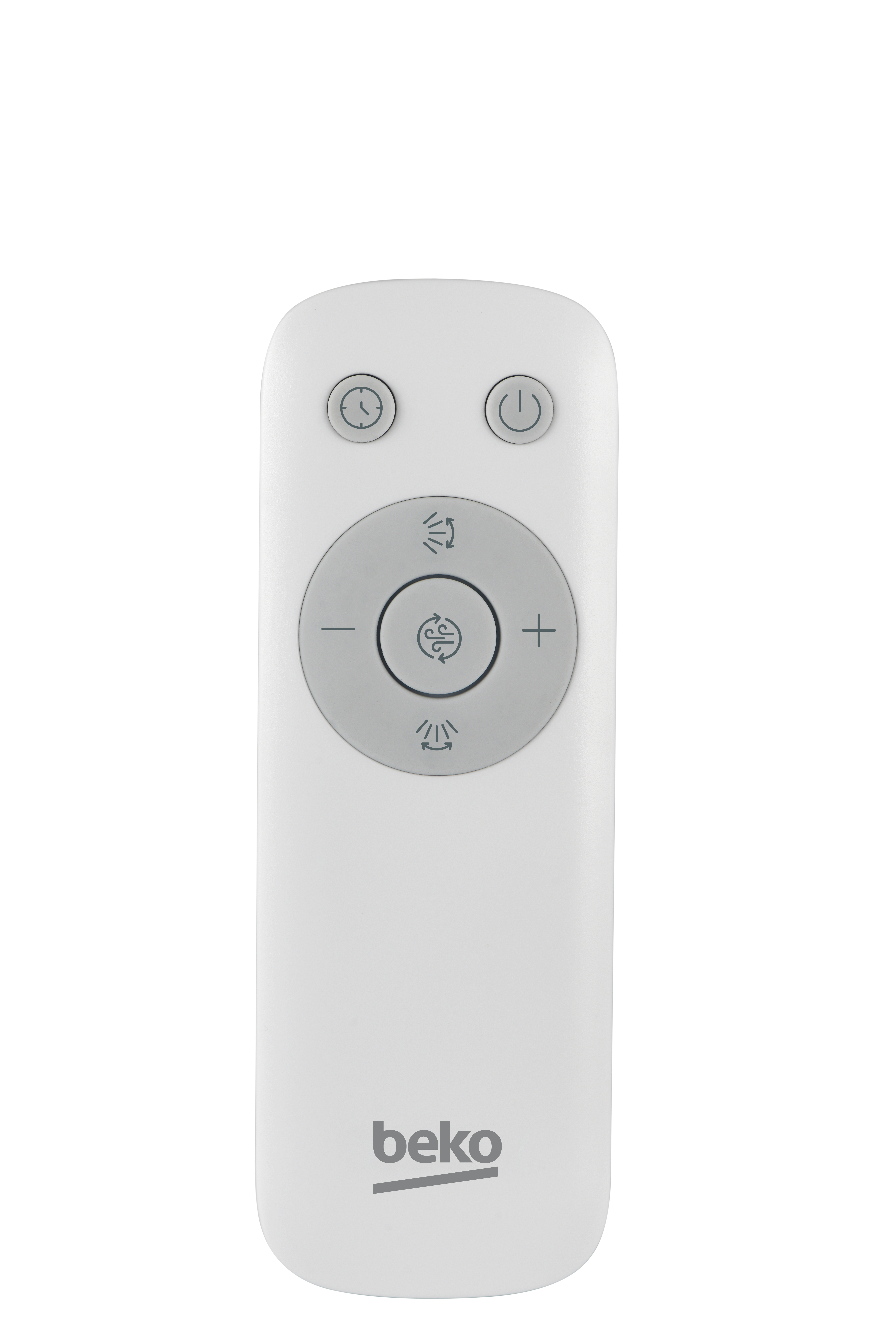Witte Beko afstandsbediening met knoppen: timer, stroom en ventilatorinstellingen.