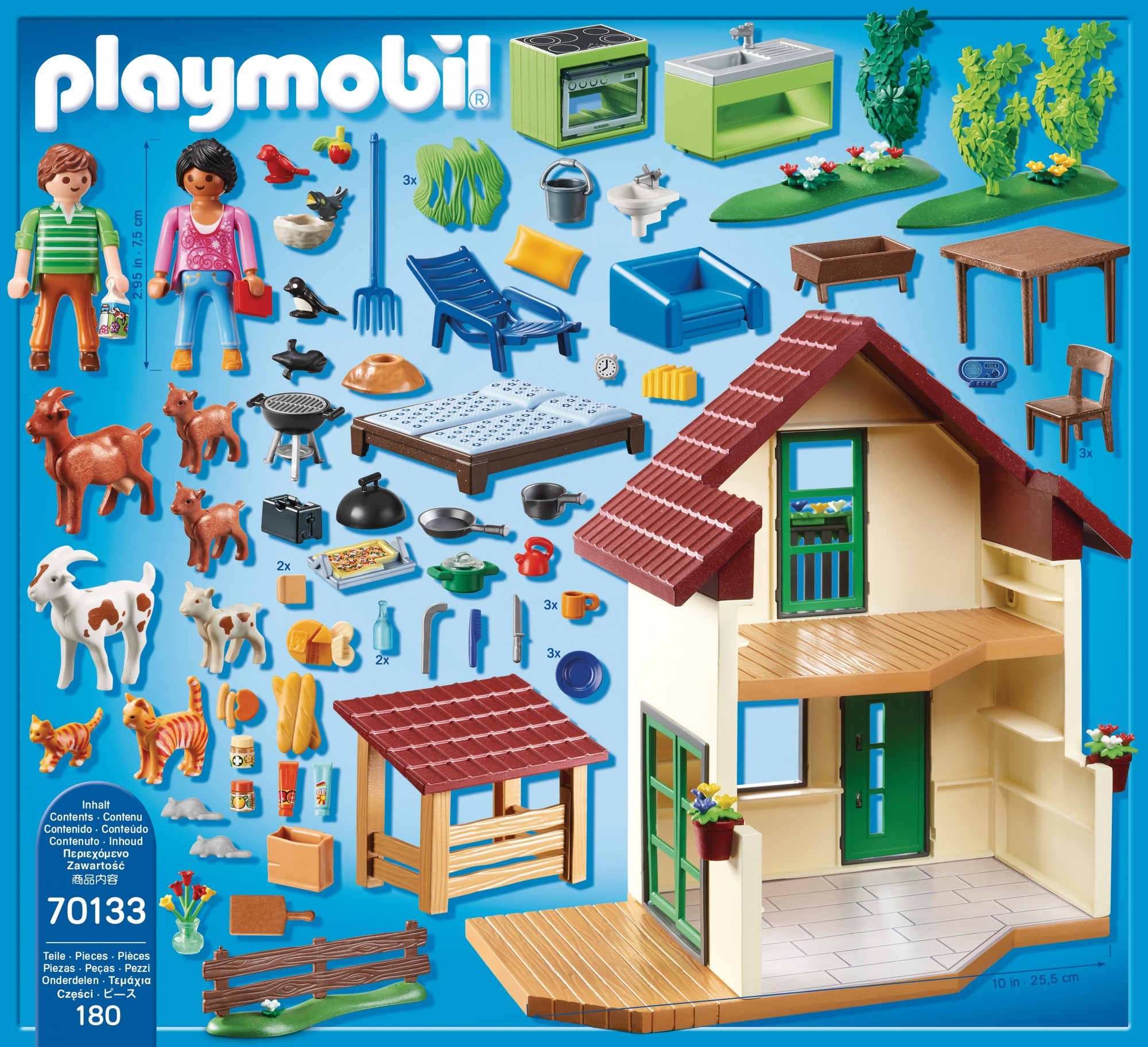 A Playmobil set with a house, furniture, figures, and animals, with a blue sky.