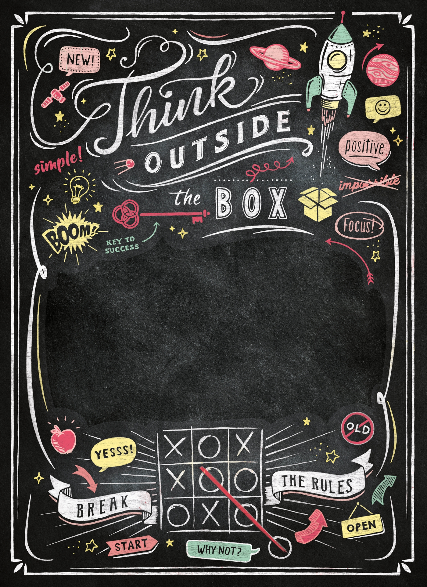 Lavagna con disegni a gesso e la scritta: Think Outside the Box. Illustrazioni colorate.