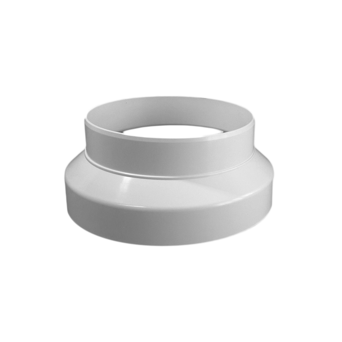 Biała plastikowa złączka rurowa z szeroką podstawą i węższą górą.