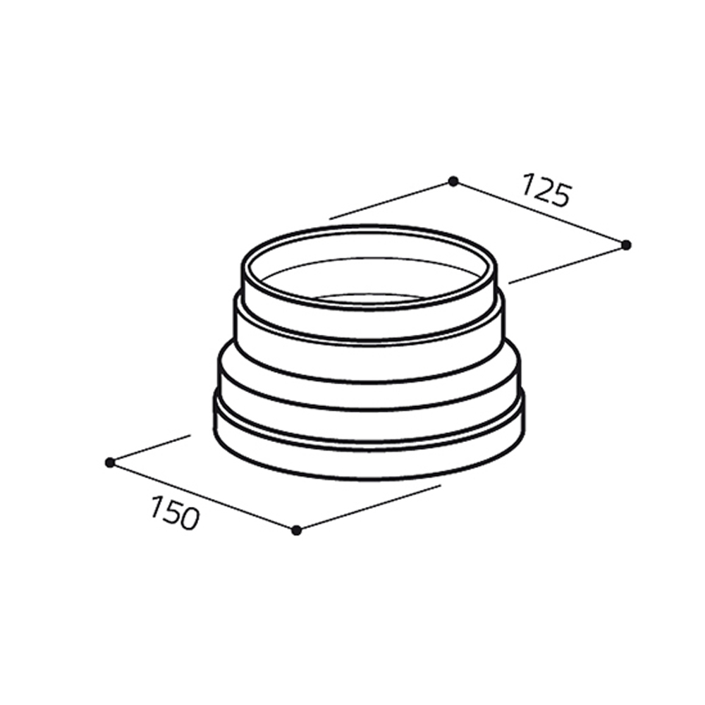 Czarny adapter do rur z tworzywa sztucznego o wymiarach 150 mm i 125 mm na białej powierzchni.