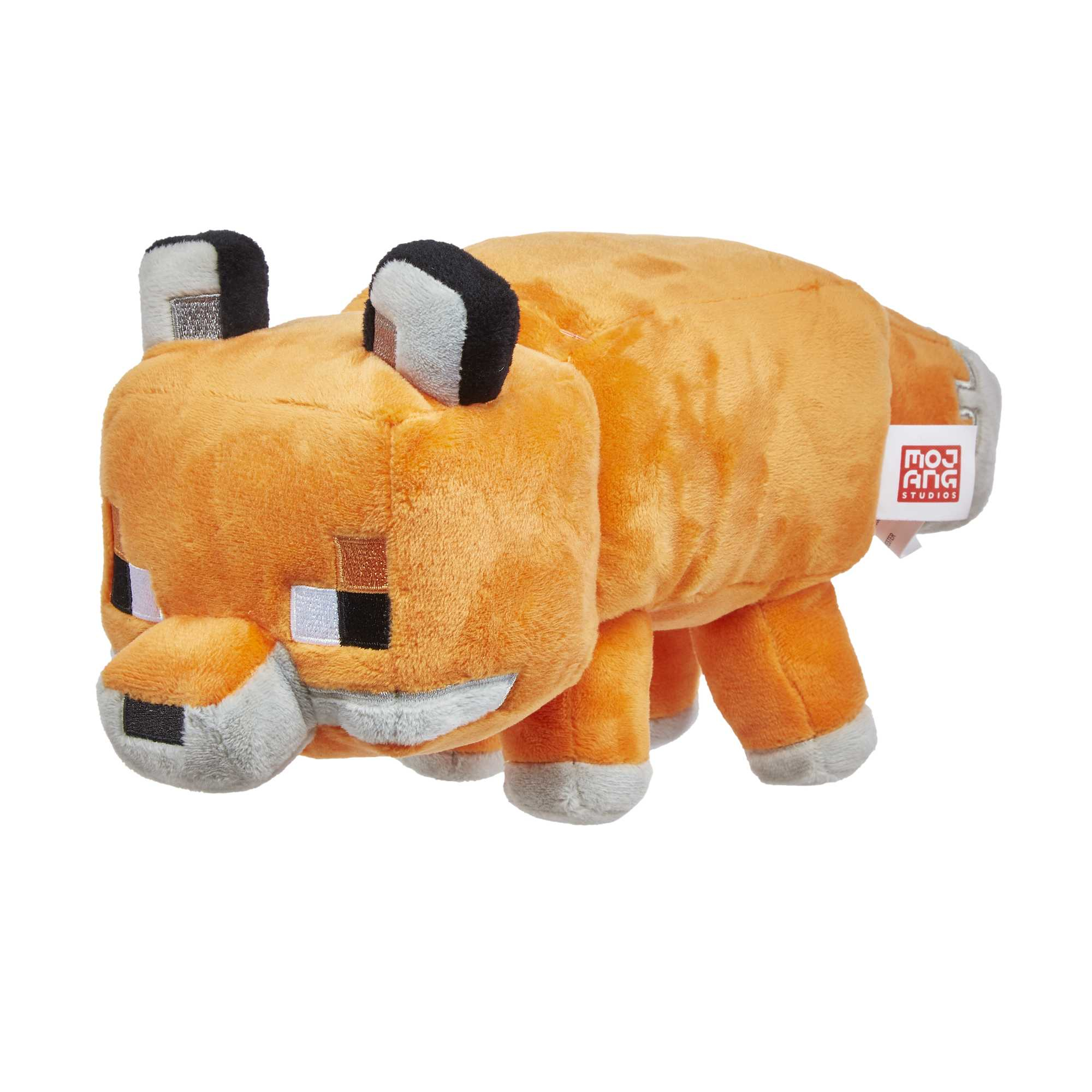 Un peluche de zorro Minecraft naranja con detalles grises sobre un fondo blanco.